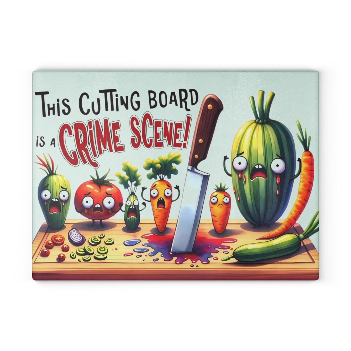 Tabla de cortar de vidrio para escena del crimen en la cocina: ¡Vegetales gritones y estilo asesino!