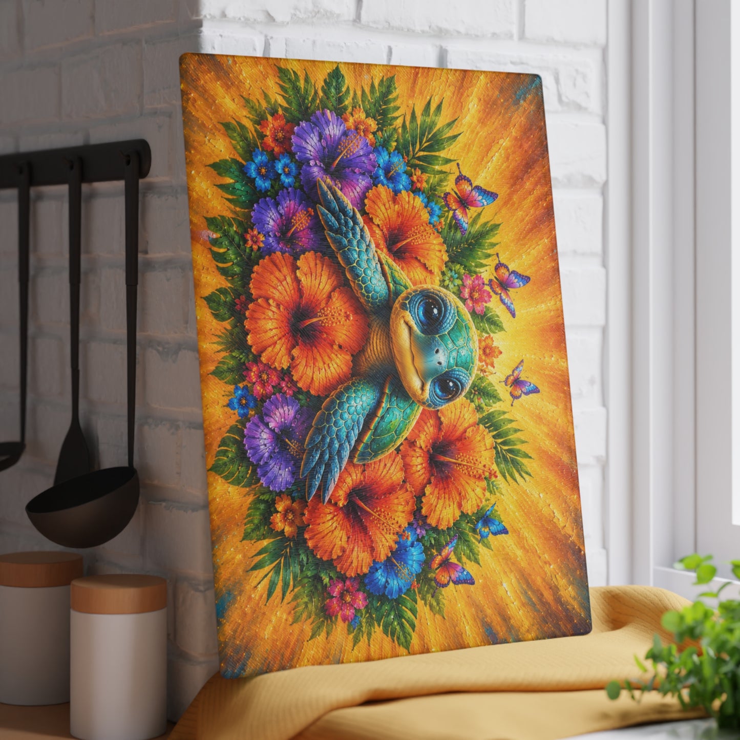 Baby Sea Turtle & Tropical Hibiscus Glass Cutting Board – Colorful Coastal Beach Kitchen Decor