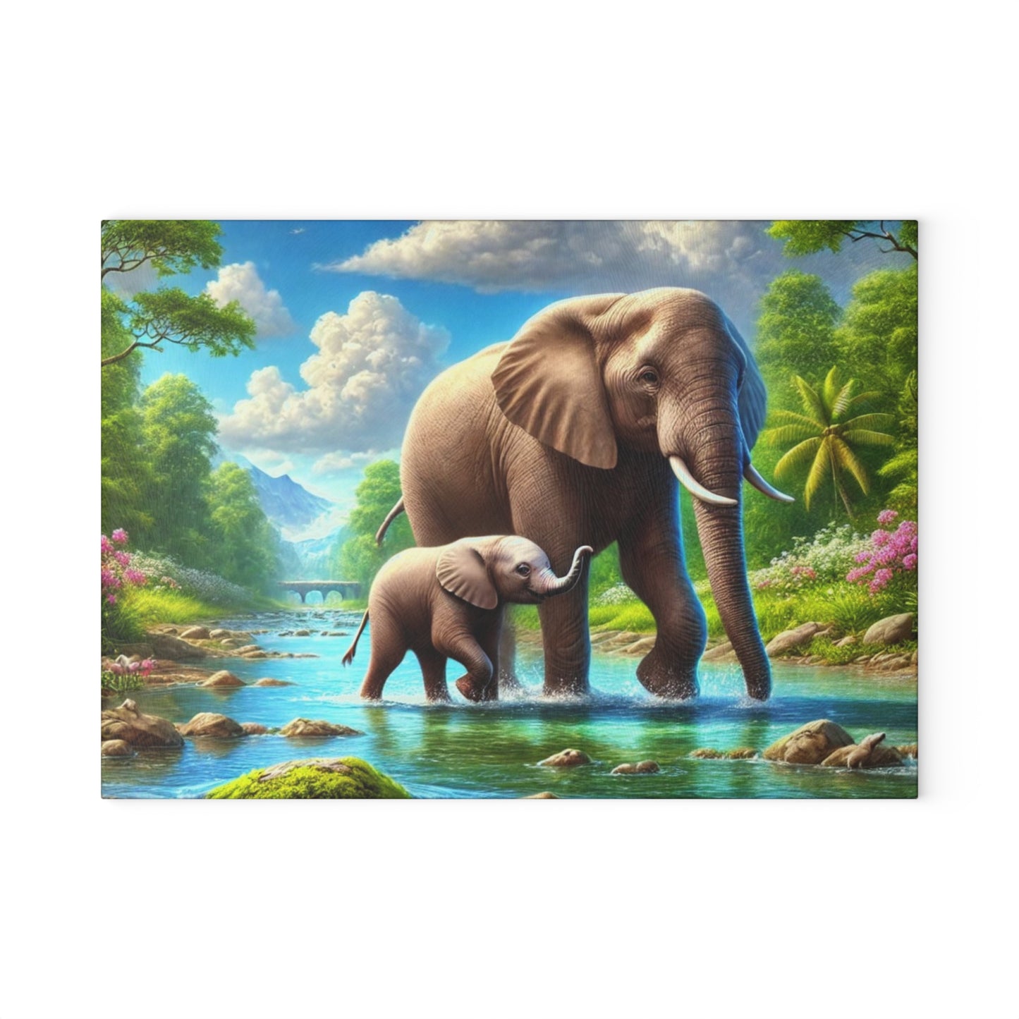 Mother elephant and her baby tempered glass cutting board - walking down a peaceful water creek