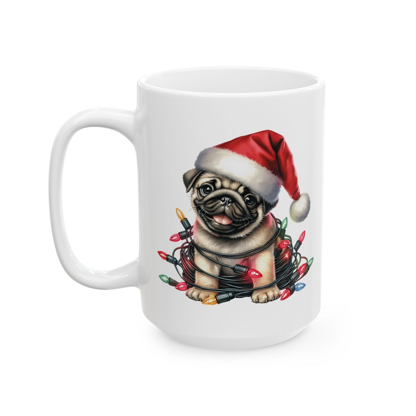 🎄 Pug Christmas Mug – Festive Santa Hat & Tangled Lights Delight 🎁