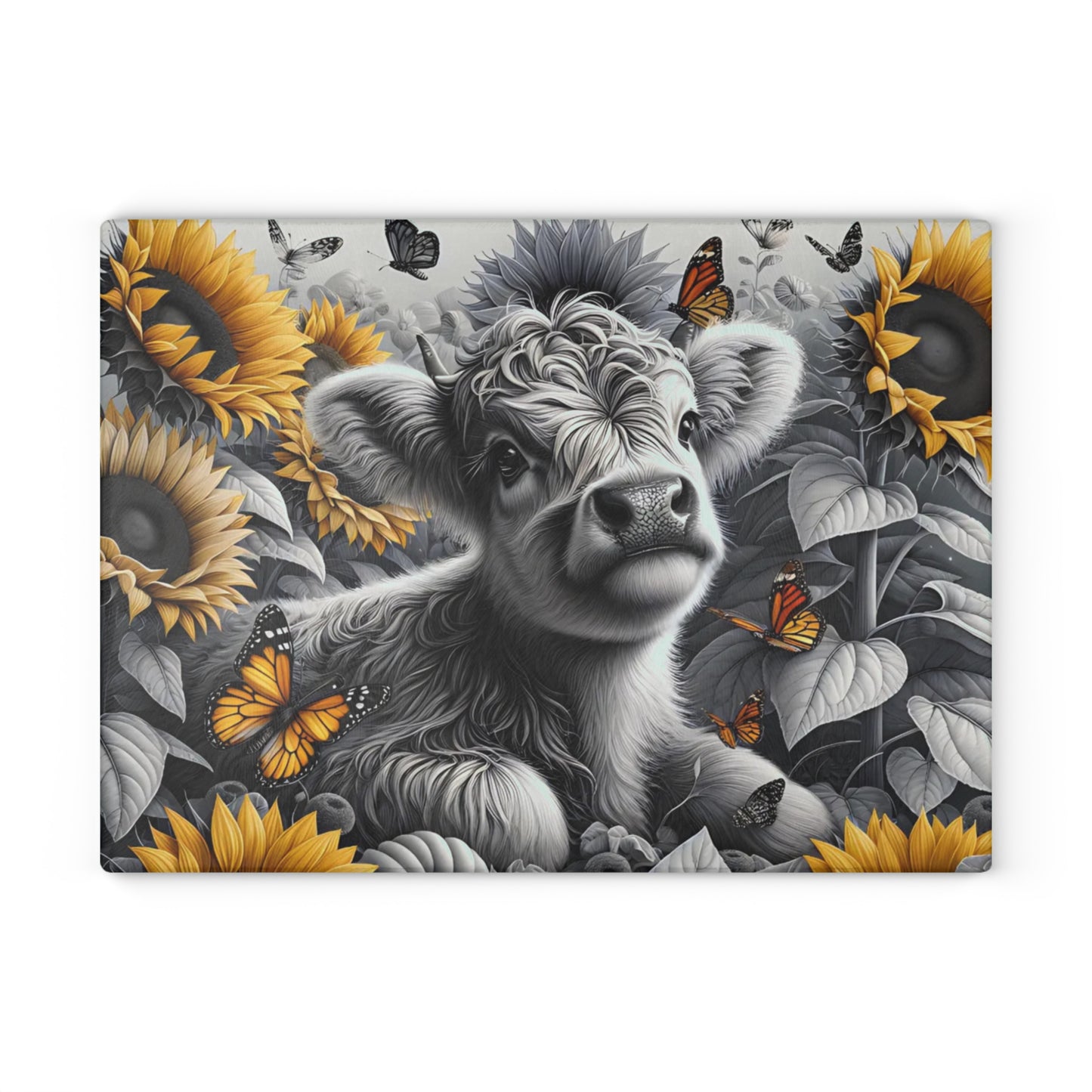 🐮 Black & White Calf with Sunflowers & Butterflies Cutting Board – Rustic Farmhouse Beauty in Glass