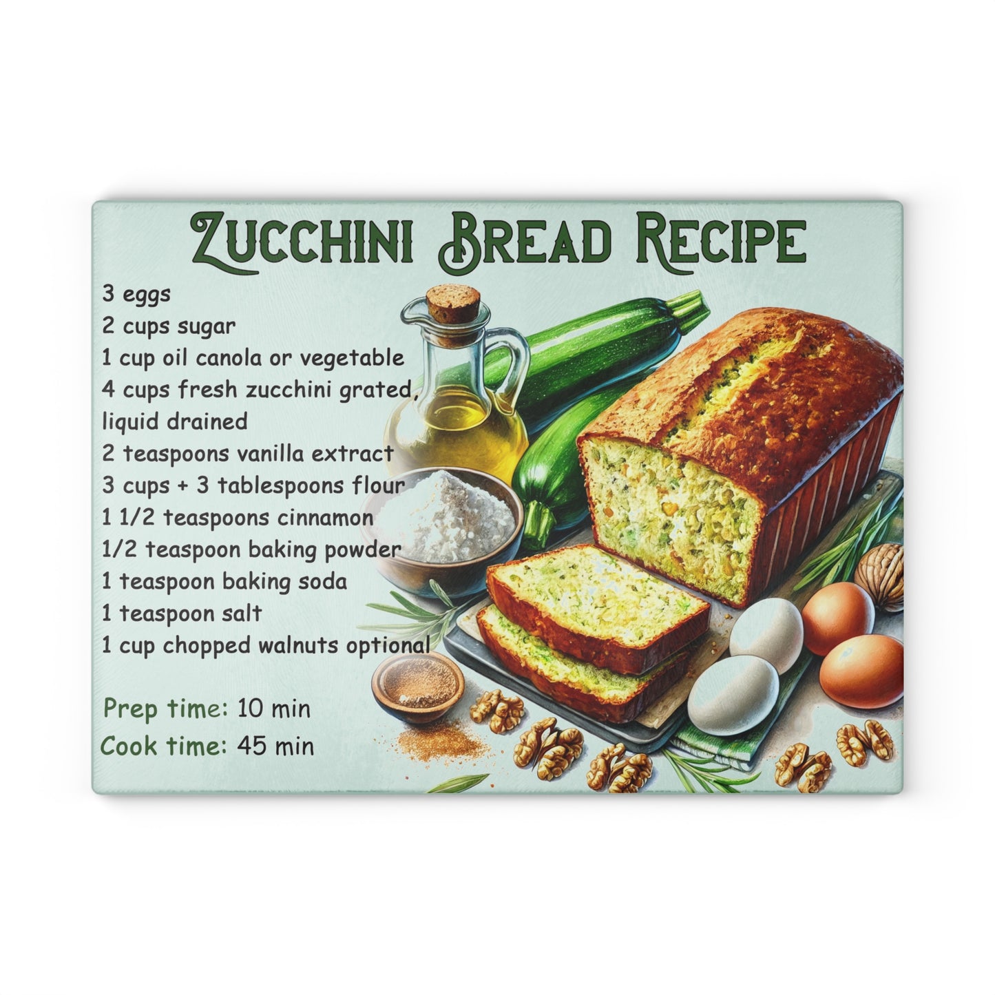 Tabla de cortar con receta de pan de calabacín: decoración de cocina encantadora con un toque delicioso