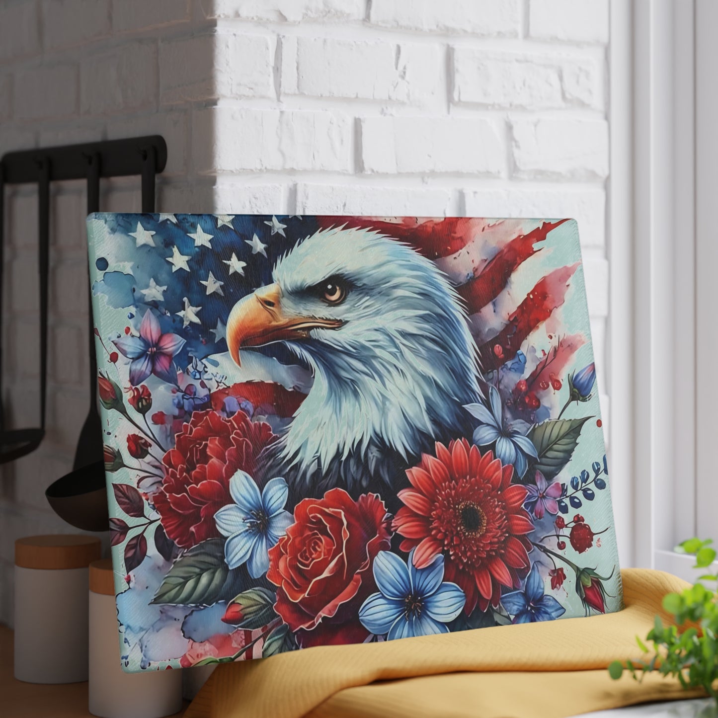 Tabla de cortar con diseño de águila calva y bandera estadounidense, regalo único, tabla de cortar de vidrio, tabla de charcutería, tabla de cortar personalizada, flores