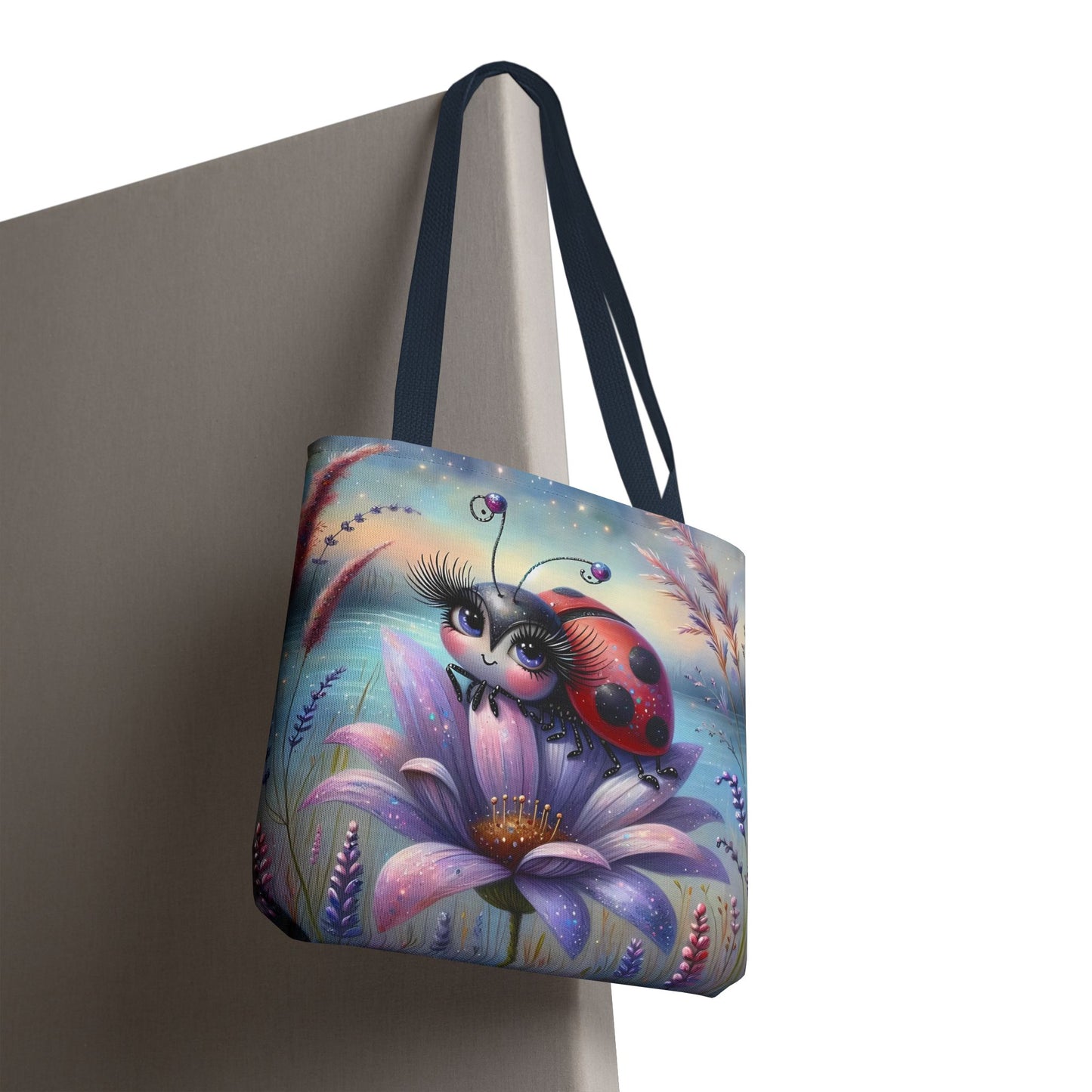 🐞 Ladybug on a Flower by the Lake – Nature-Inspired Tote Bag