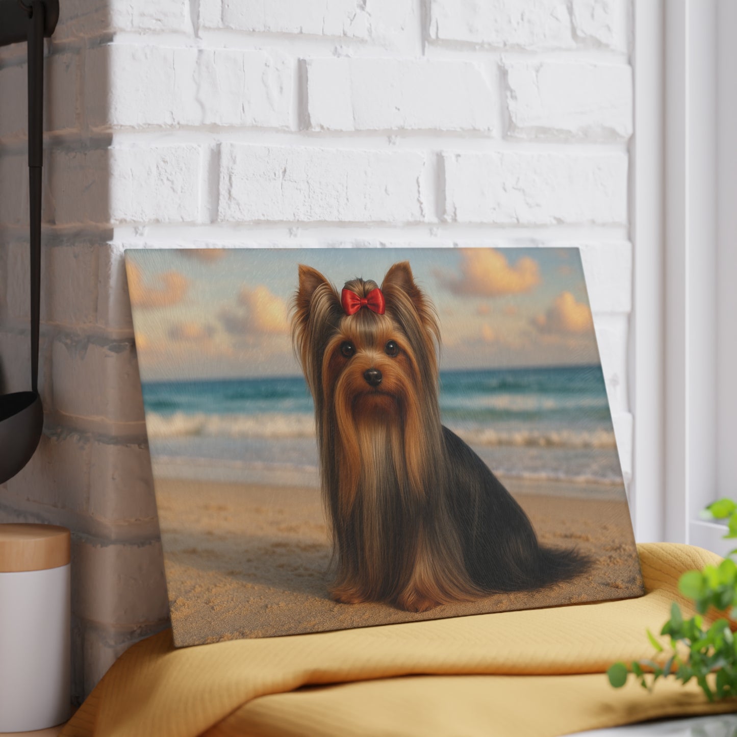 🐾🌊 Yorkie at the Beach Cutting Board – Coastal Glamour for Your Kitchen 🌴