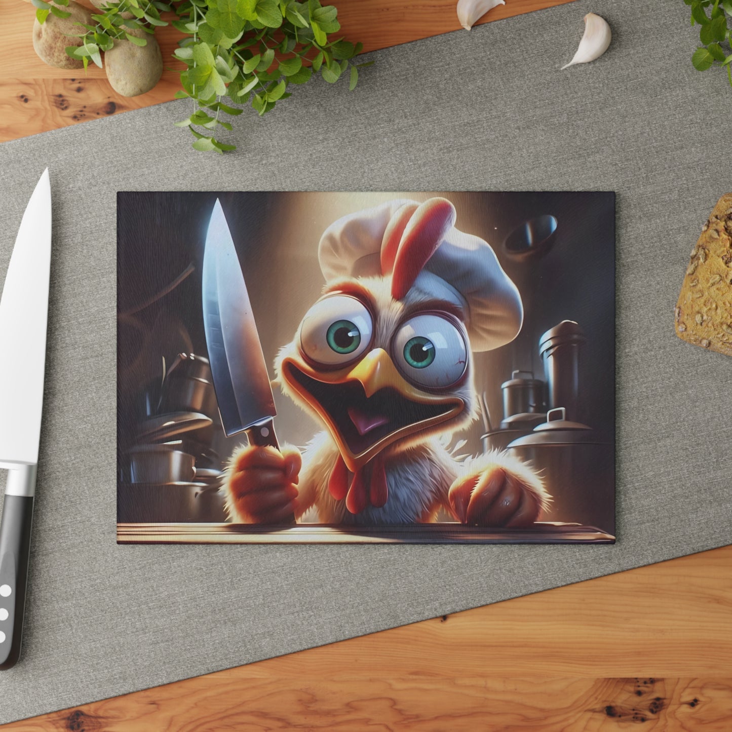 Tabla de cortar Crazy Chicken Chef: ¡sembrando el caos en la cocina!