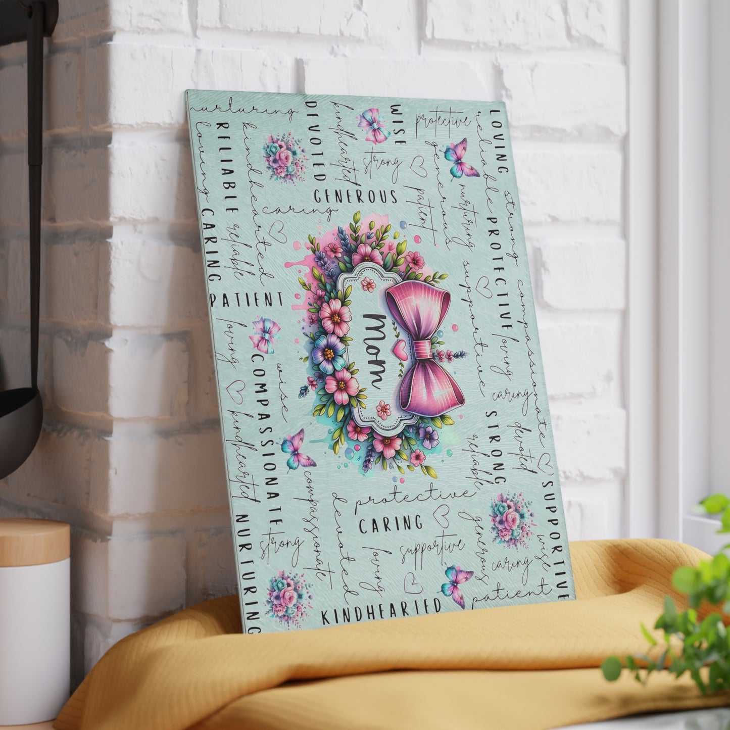 🐾🌸 Mom Pink Bow Floral Cutting Board – Elegant Gift of Love for the Heart of the Home 💕🌼