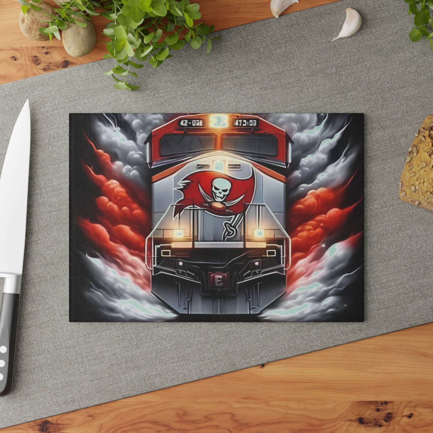 Red & Pewter Express Glass Cutting Board – Bold Steel Train Art for Modern Kitchens