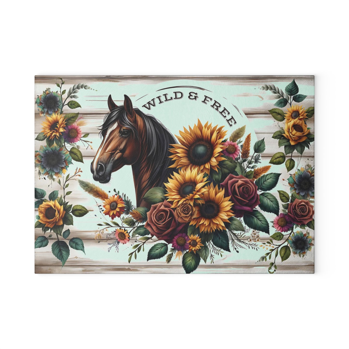 🌻🐎 Wild & Free Horse Cutting Board – Rustic Farmhouse Charm with Sunflowers & Roses 🌹🌾