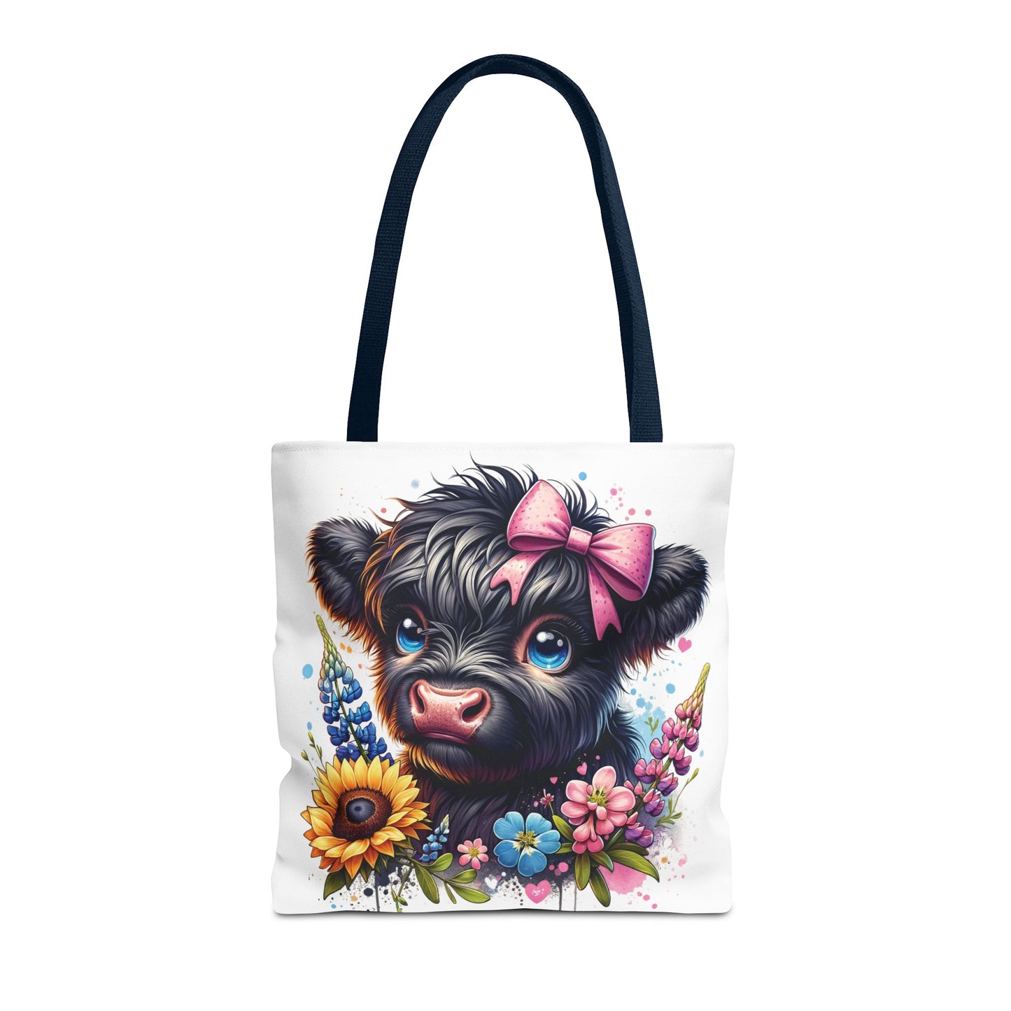 🌸 Black Highland Calf Floral Tote Bag – Sweet Style for Every Age 🐮👜