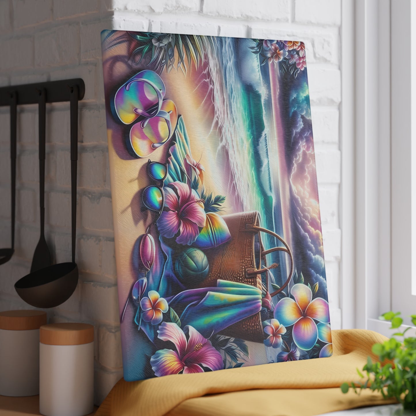Tabla de cortar de vidrio "Día de Playa Tropical" - Decoración de cocina con ambiente veraniego, decoración costera, arte oceánico, regalo playero, tabla de cortar de vidrio, decoración de cocina tropical, aspecto pintado a mano, escena playera