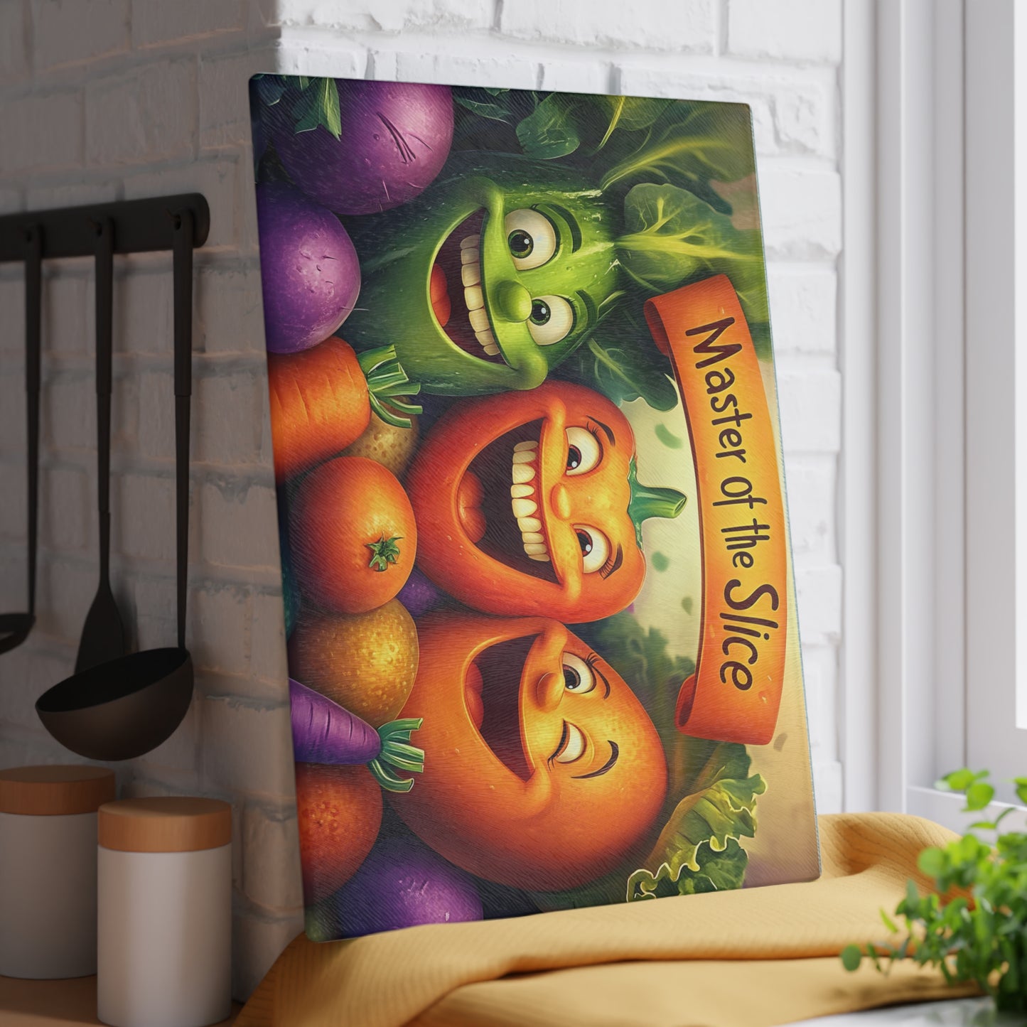 Tabla de cortar de vidrio “Maestra del Corte” – Humor de cocina de verduras que ríen 😄🍅