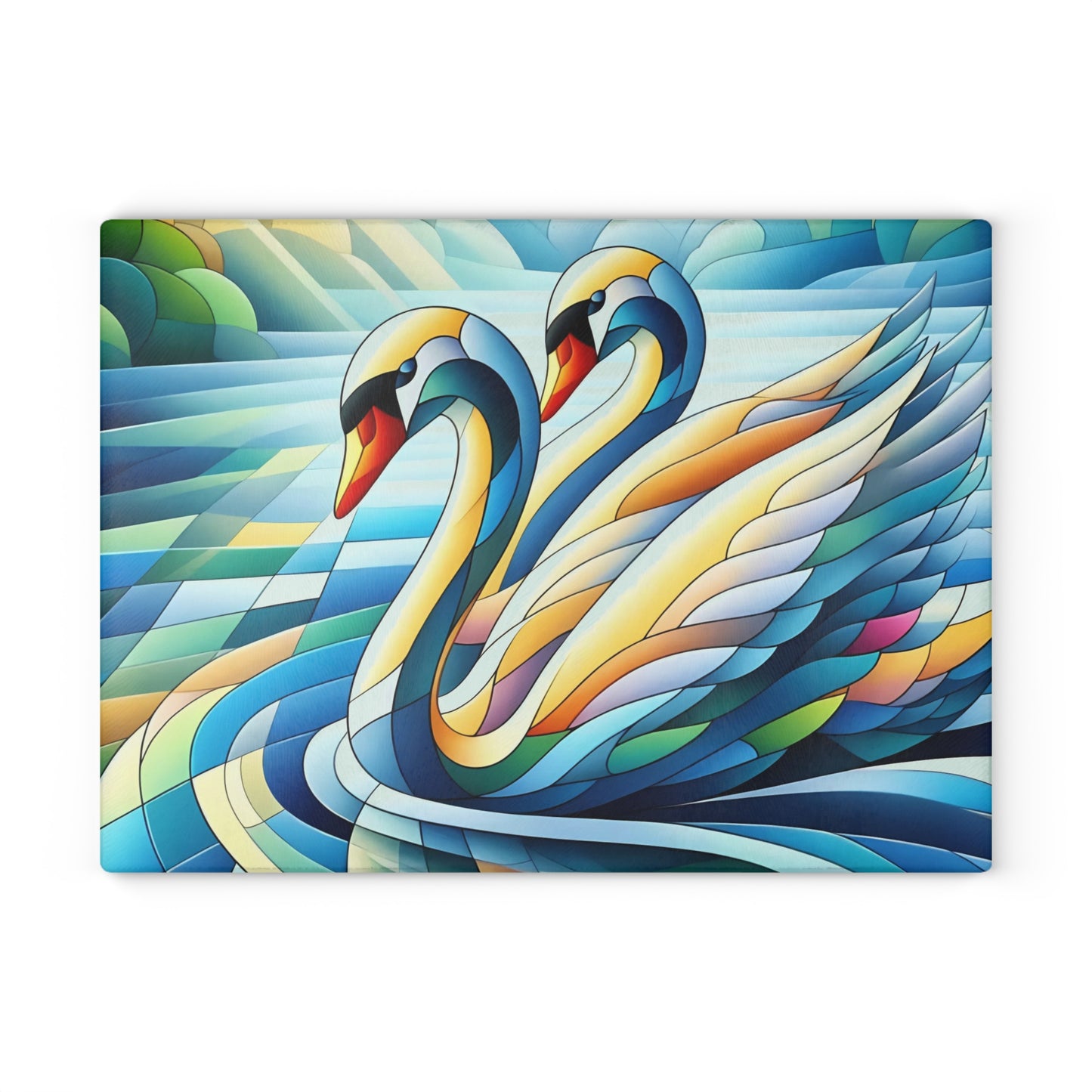 Tabla de cortar de vidrio con dos cisnes cubistas – Escena artística de río