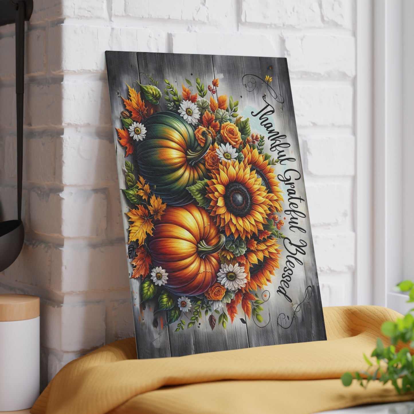 🌻🎃 Thankful Grateful Blessed Cutting Board – Autumn Sunflowers & Pumpkins for Seasonal Charm 🍁✨