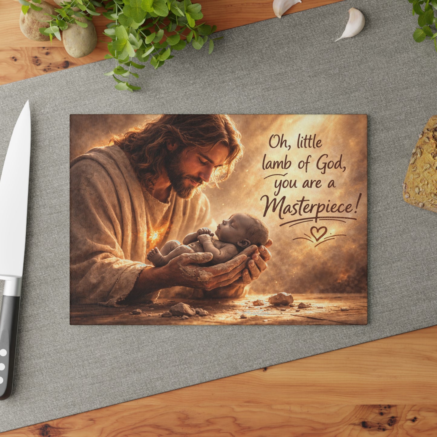 Oh, Little Lamb of God Glass Cutting Board – Faith-Inspired Artwork with Tender Light