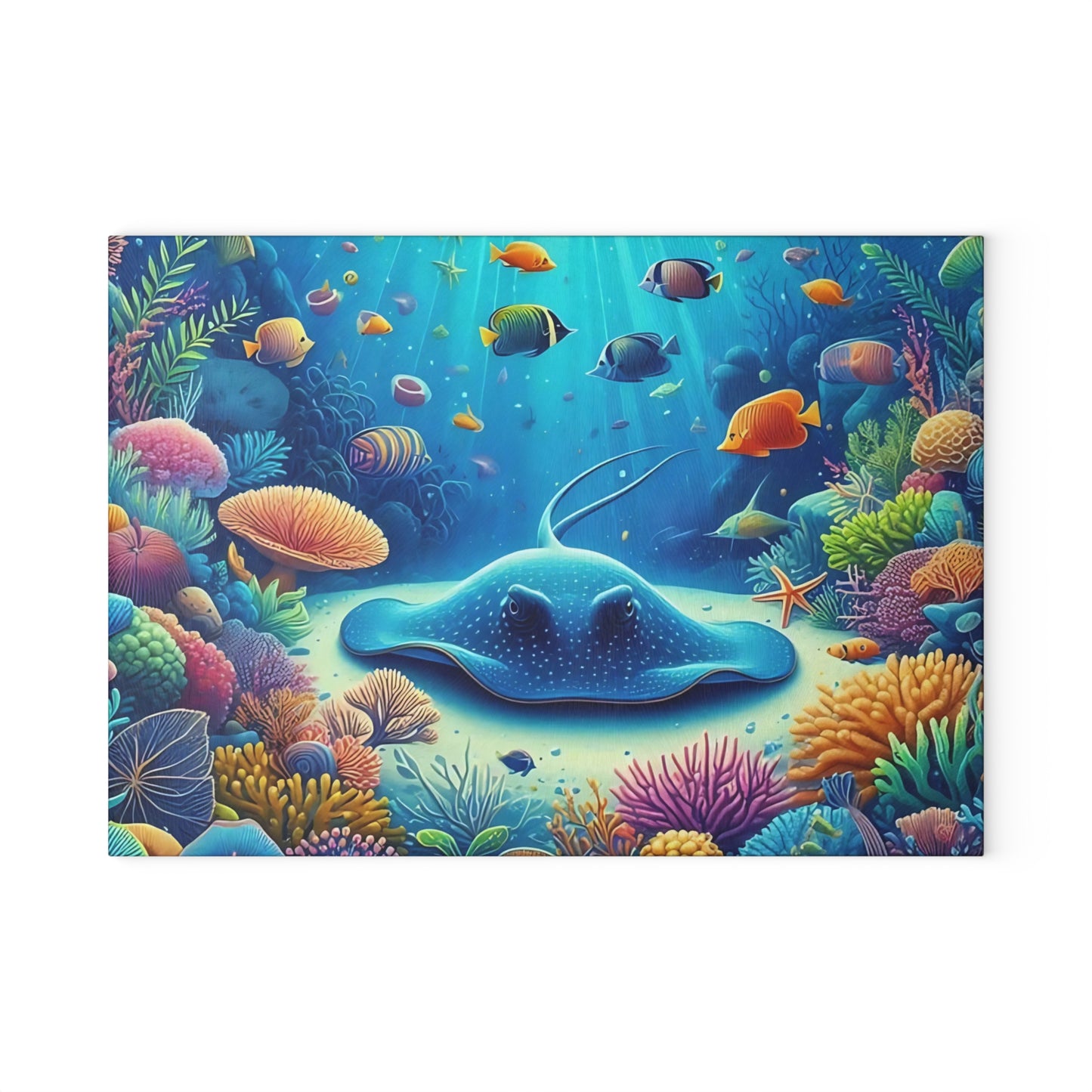 Stingray & Coral Reef Glass Cutting Board – Ocean Life Kitchen Decor with Saltwater Fish