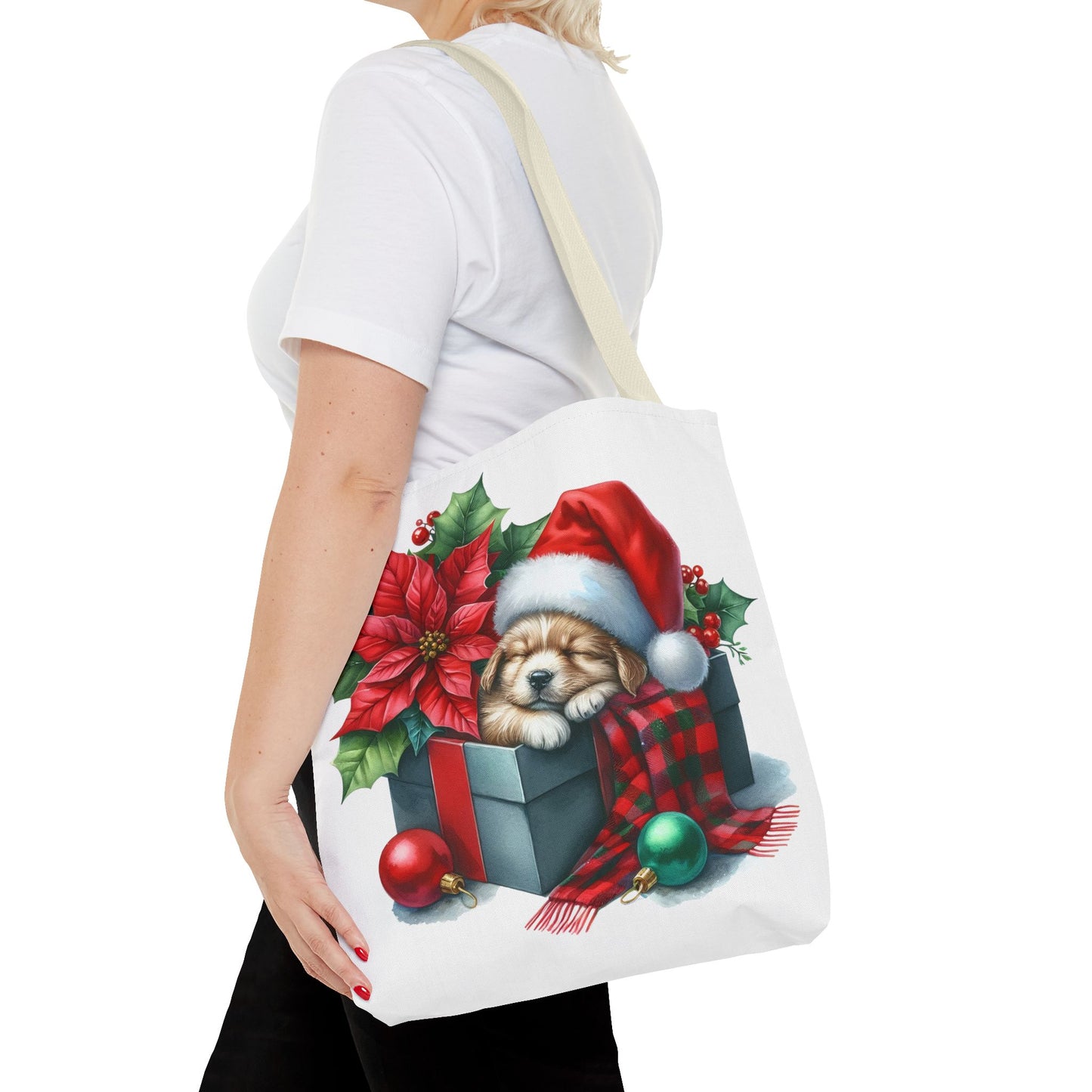 🎁 Sleeping Puppy in Gift Box Christmas Tote – Cozy Holiday Charm for Dog Lovers 🐾