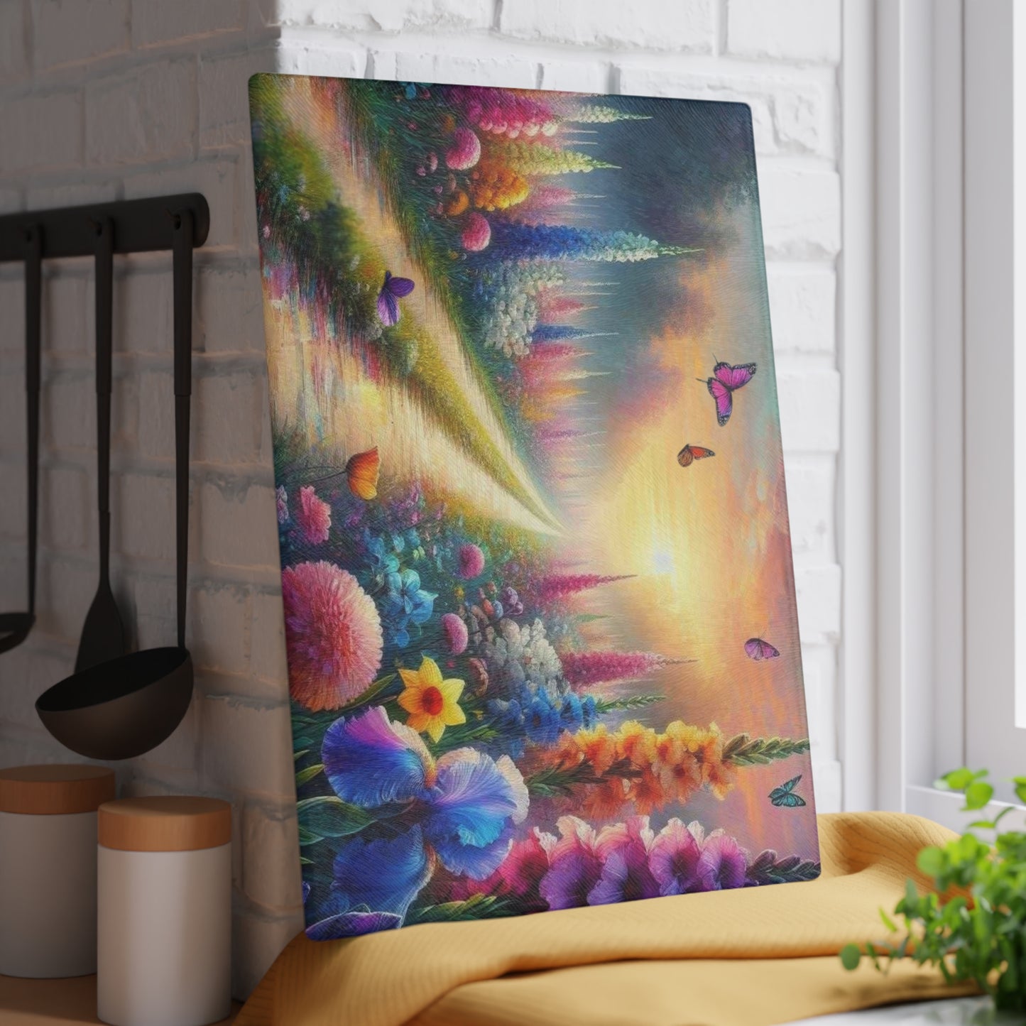 Flores silvestres, tabla de cortar de vidrio templado, tabla de charcutería, bandeja para servir, tabla de jalá, decoración de cocina, arte funcional de cocina, único