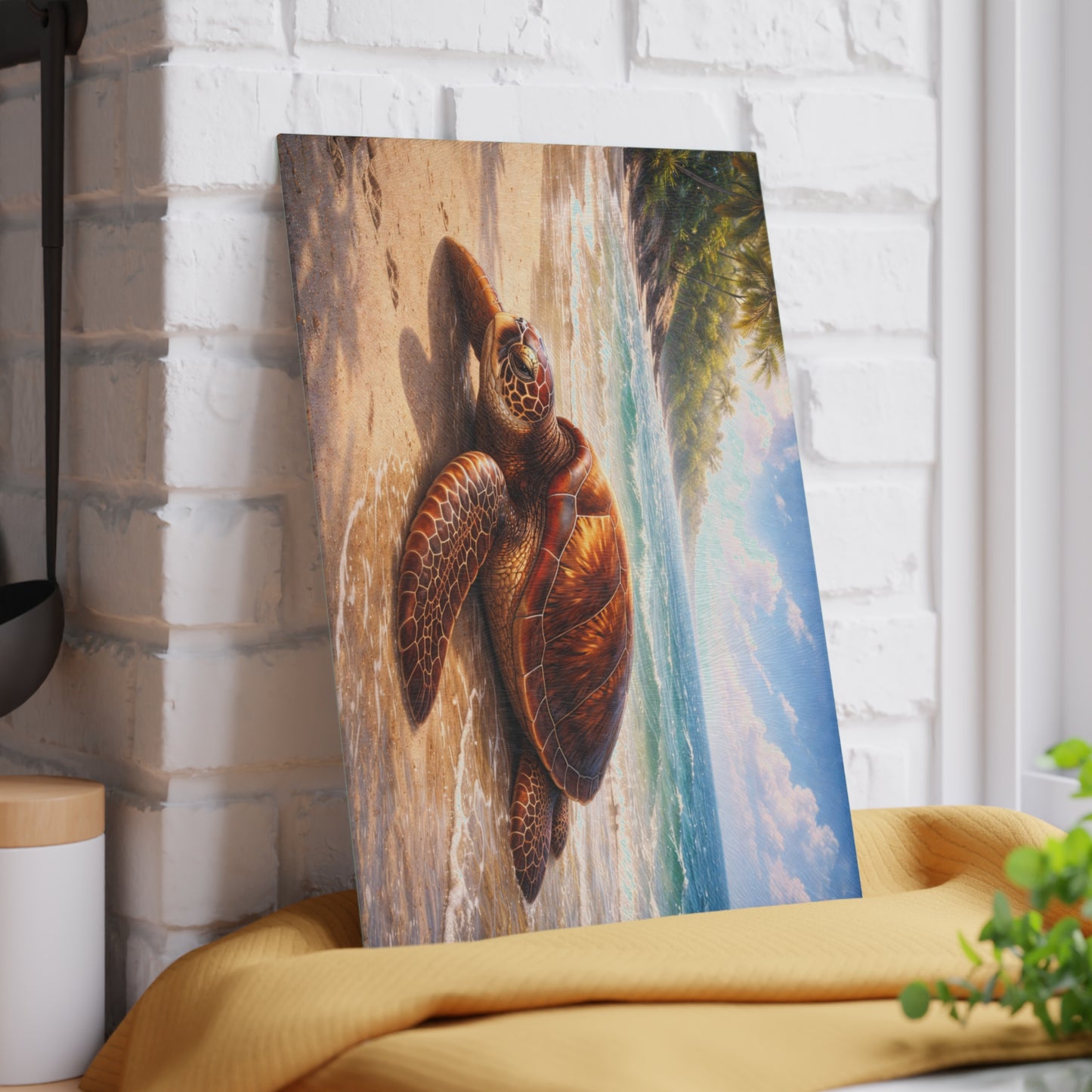 Sea Turtle Tropical Beach Glass Cutting Board – Coastal Ocean Wildlife Kitchen Art