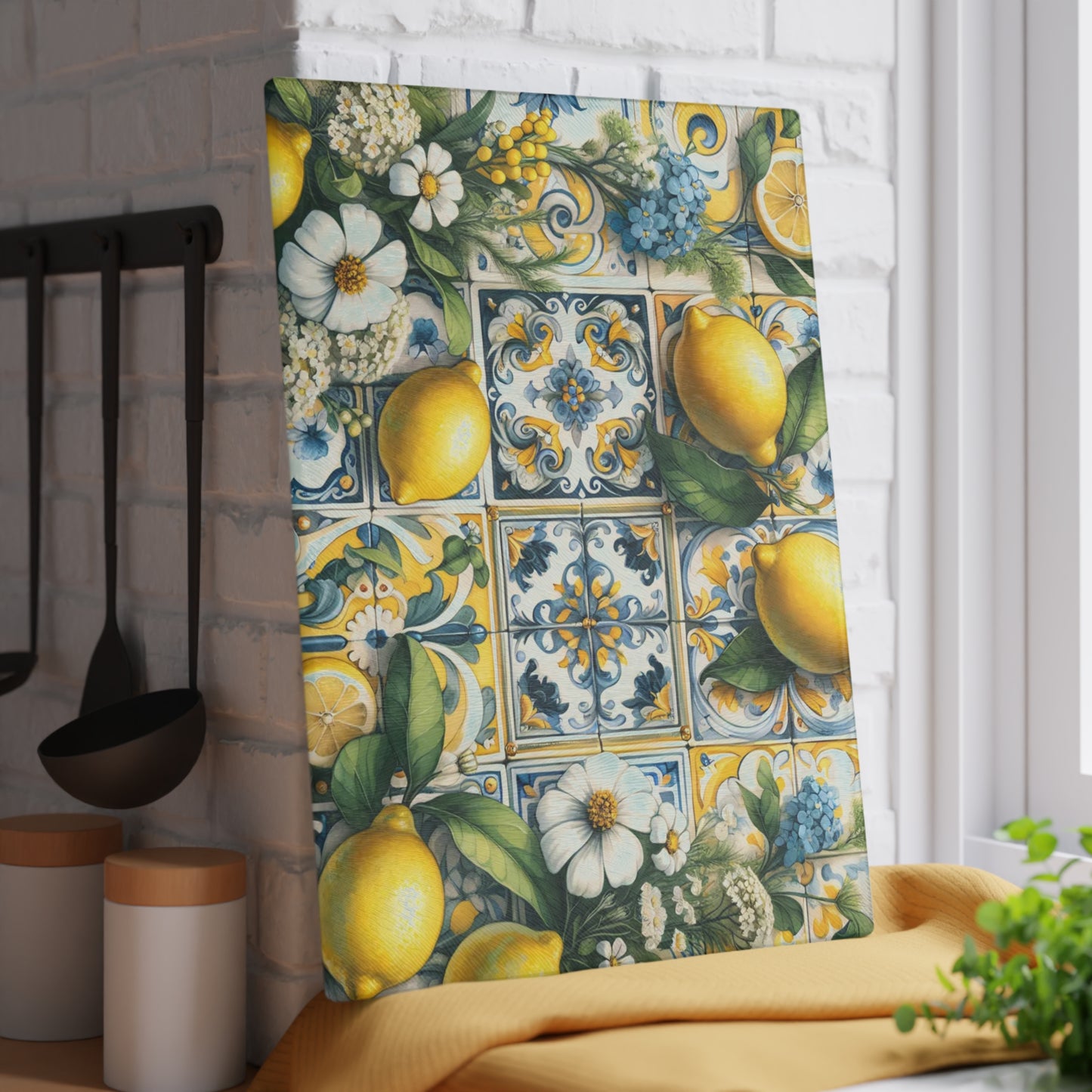 🍋🌼 Lemon Tile Floral Cutting Board – Mediterranean Charm for Your Kitchen 🌸🍋