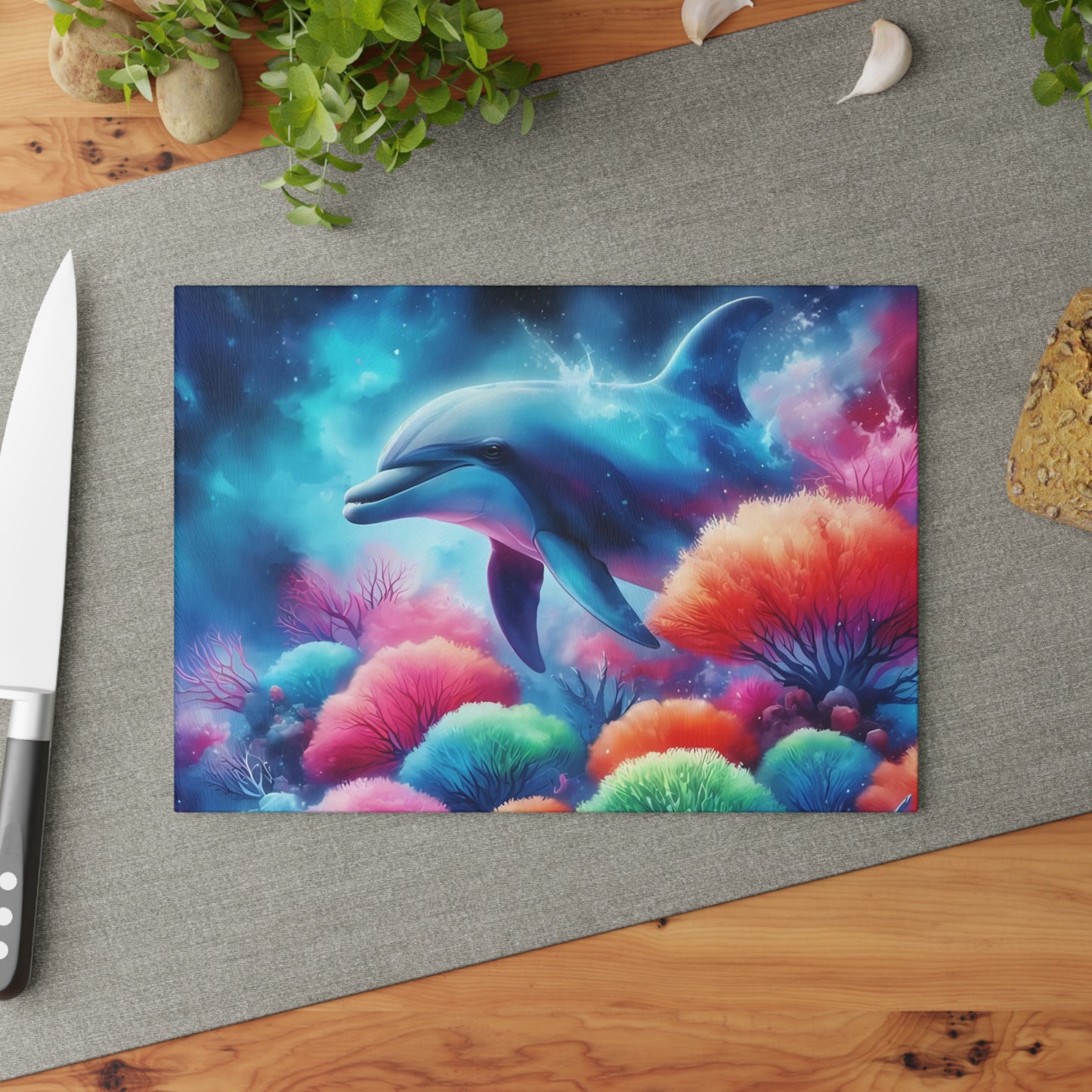 Tabla de cortar de vidrio con diseño de delfín con brillo submarino: una vibrante escena oceánica para cocinas costeras