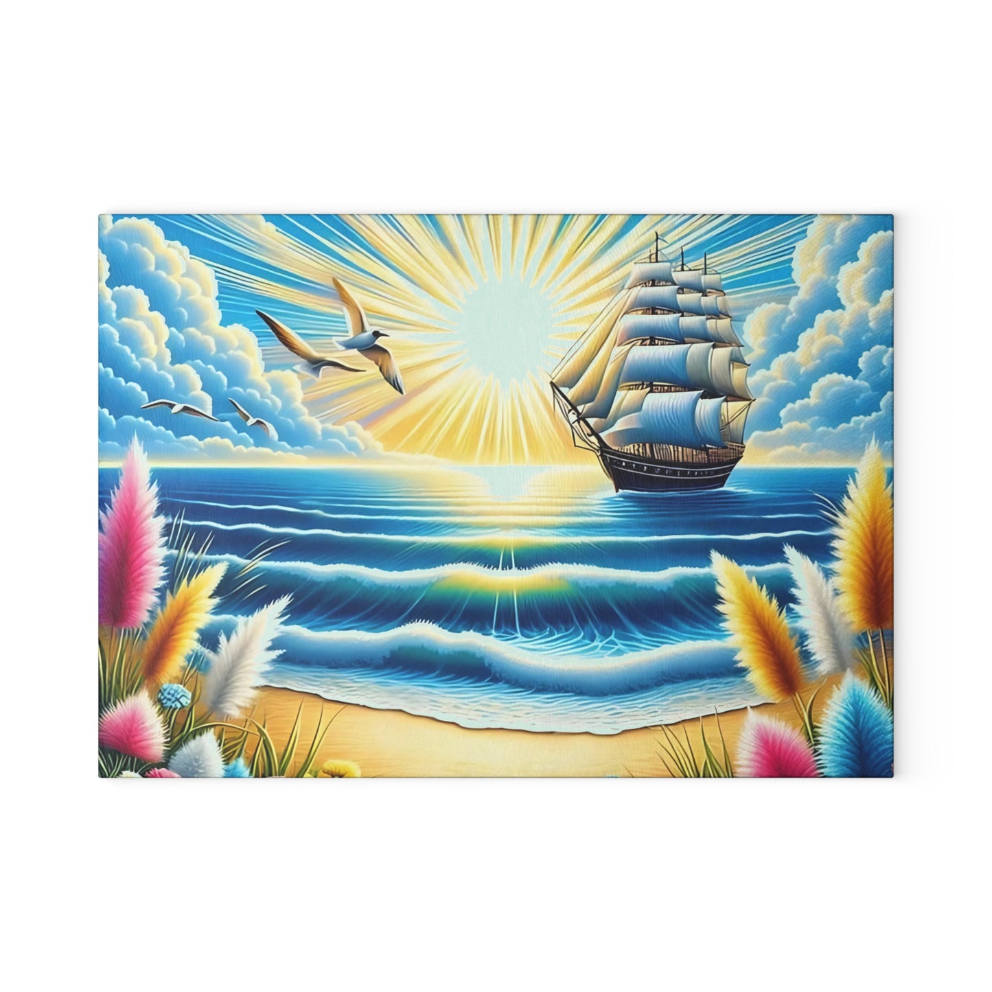 Tabla de cortar con un vibrante atardecer en el océano: decoración náutica de vidrio para cocinas costeras