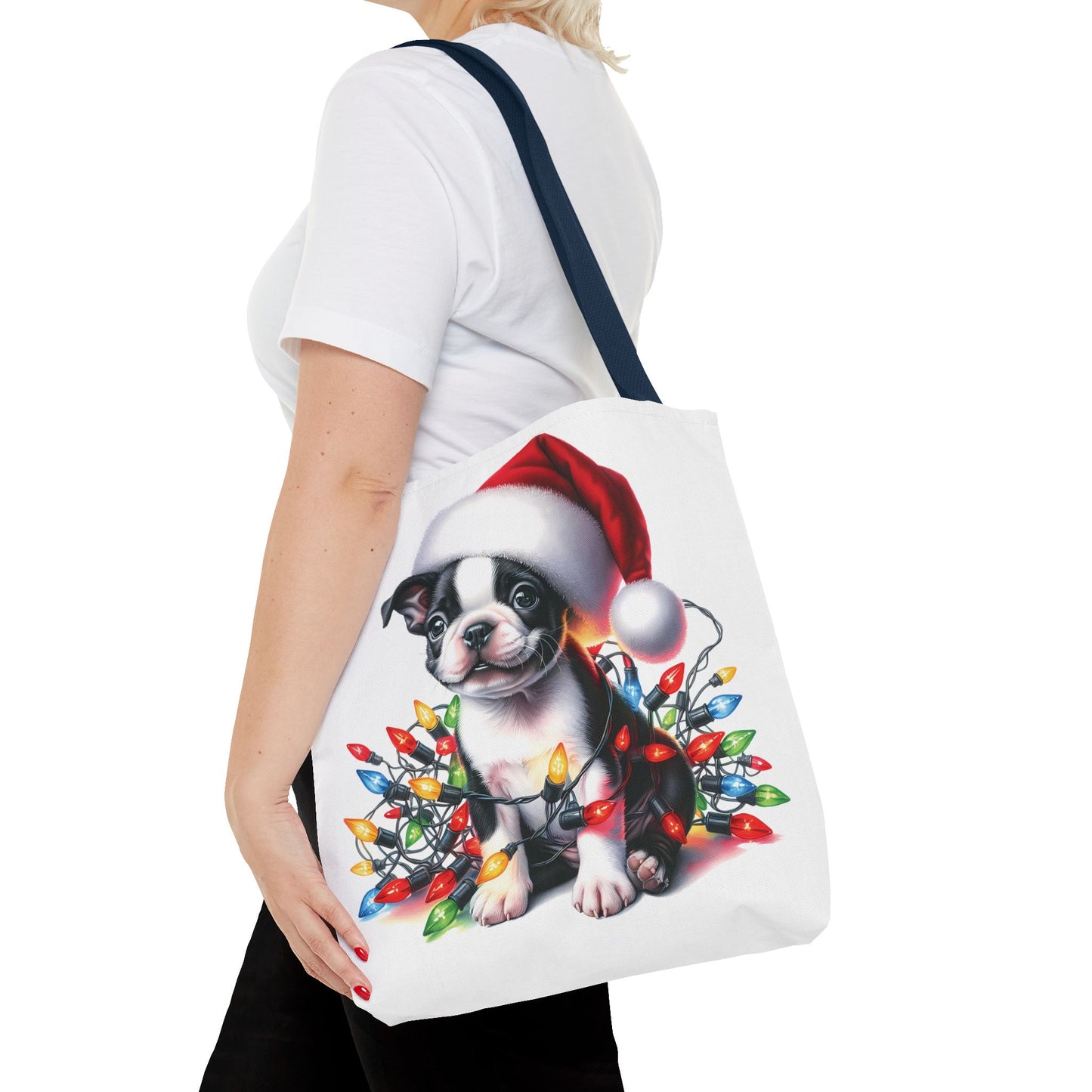 👜 Boston Terrier Christmas Lights Tote Bag – Holiday Sparkle Meets Puppy Love 🎄