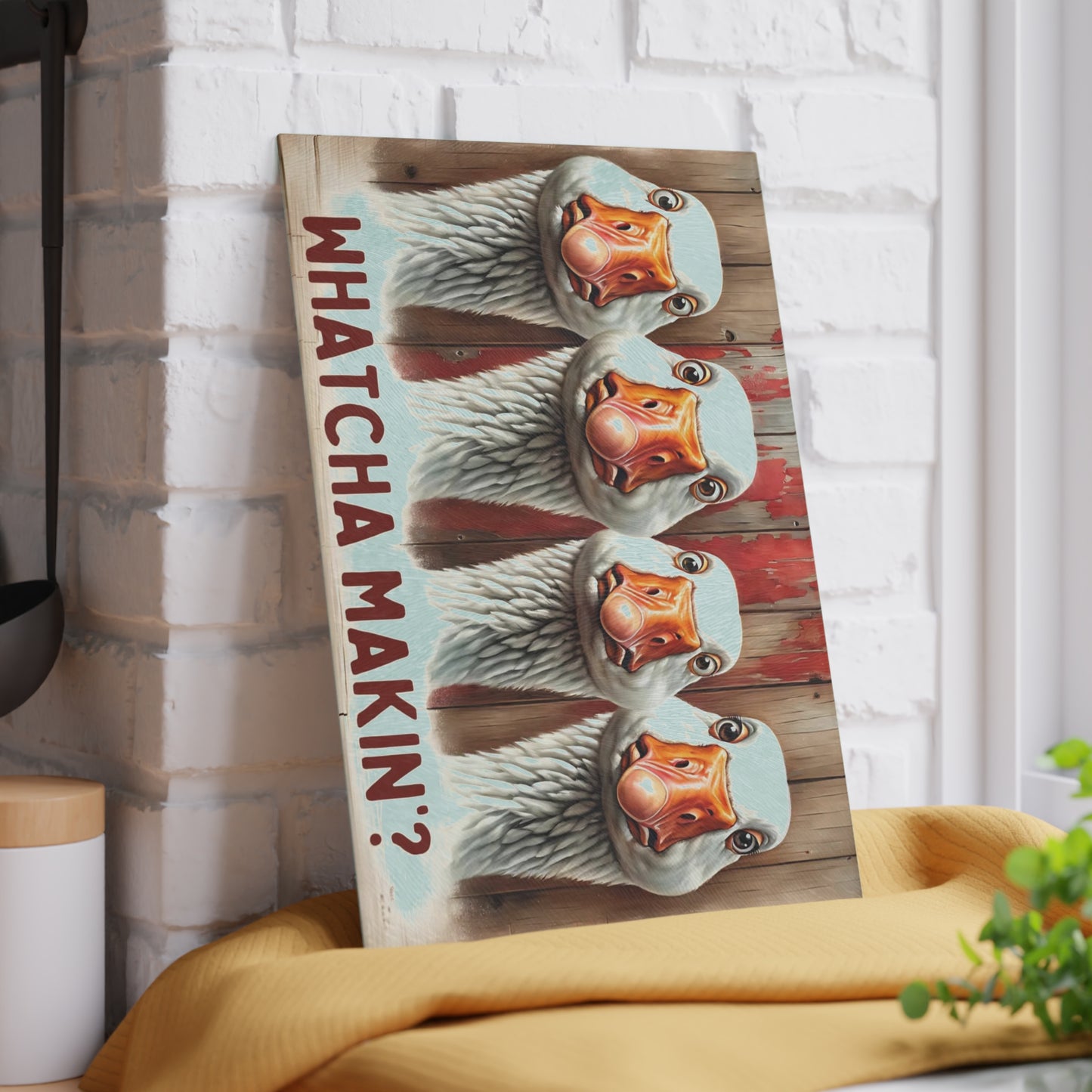 🪿🤎 “Whatcha Makin’?” Glass Cutting Board – Cozy Charm for Your Kitchen