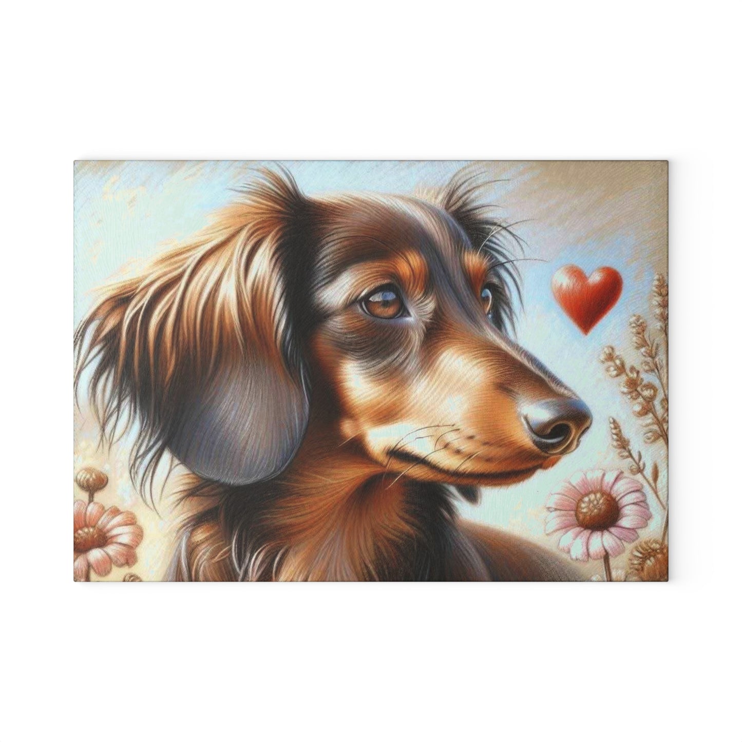 🐾 Dachshund Love Cutting Board – Whimsical Heart & Floral Charm for Your Kitchen