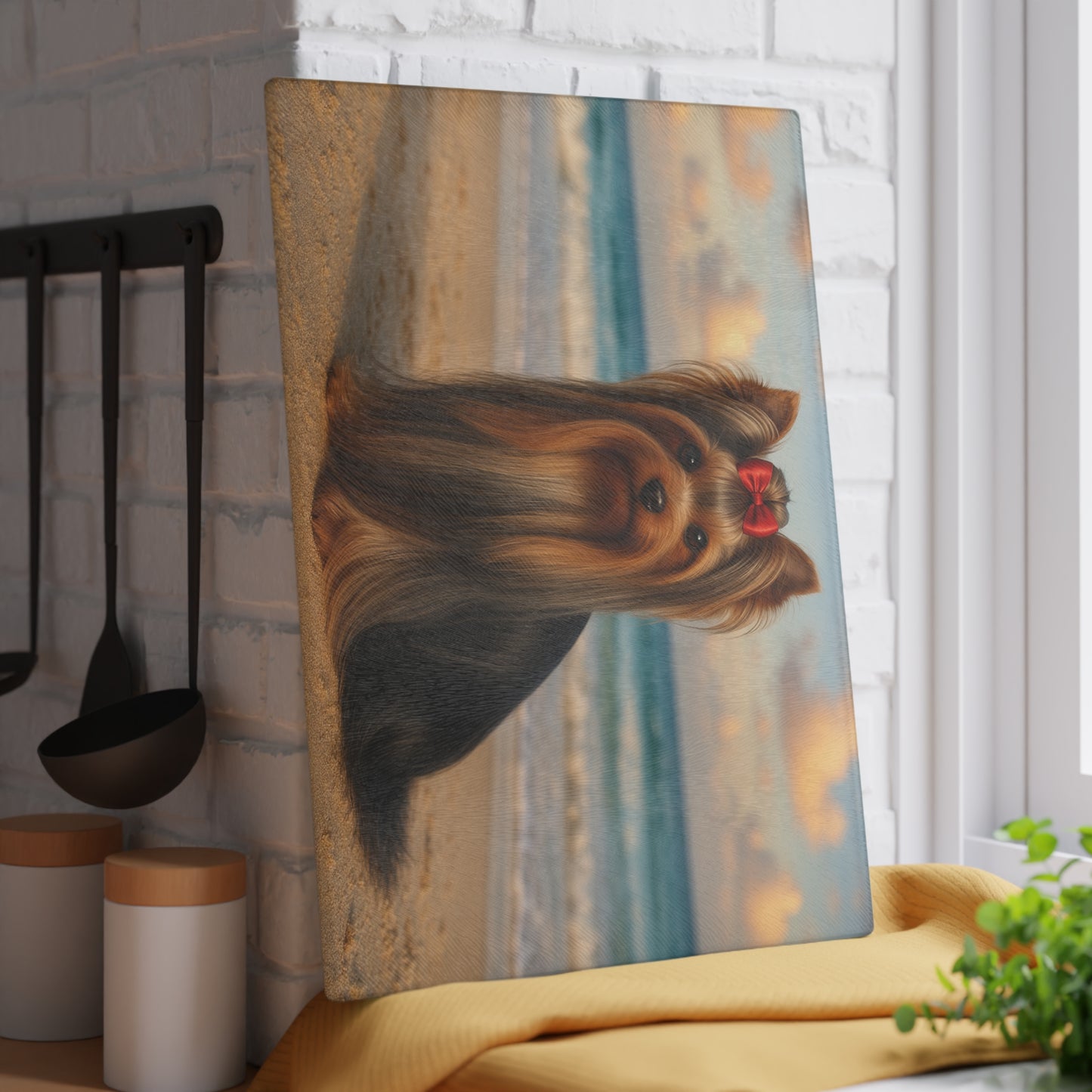 🐾🌊 Yorkie at the Beach Cutting Board – Coastal Glamour for Your Kitchen 🌴