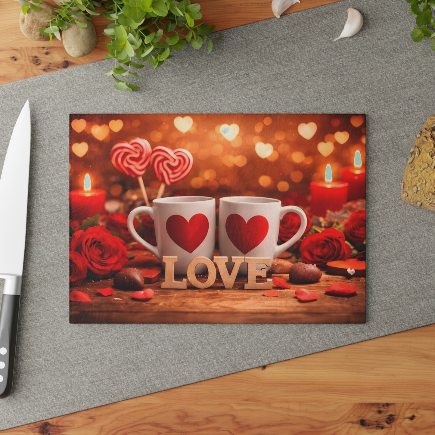 Valentine’s Love Mugs Glass Cutting Board – Romantic Heart Candle Kitchen Accent