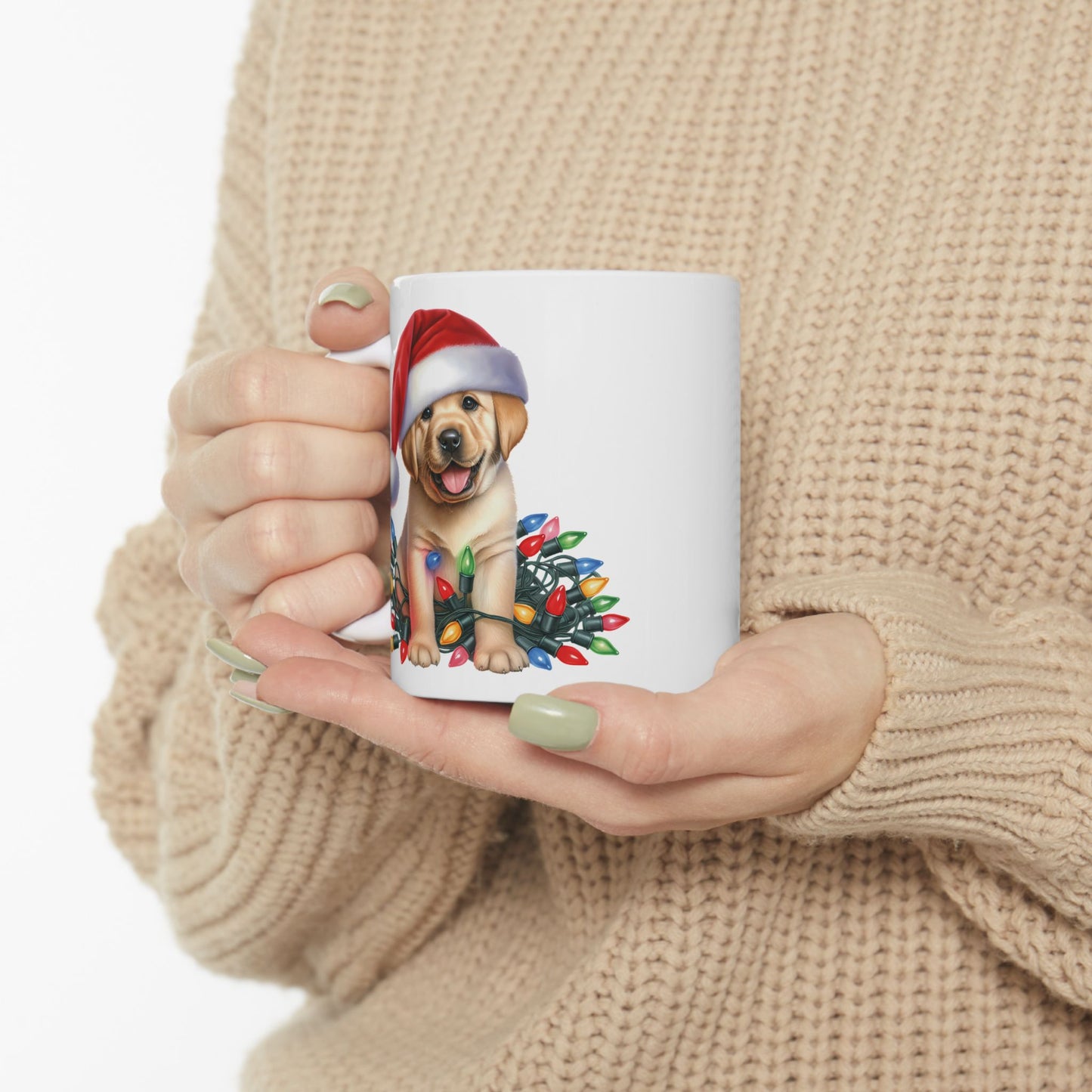 🎄 Labrador Puppy Christmas Mug – Santa Hat & Holiday Lights Cheer 🐾