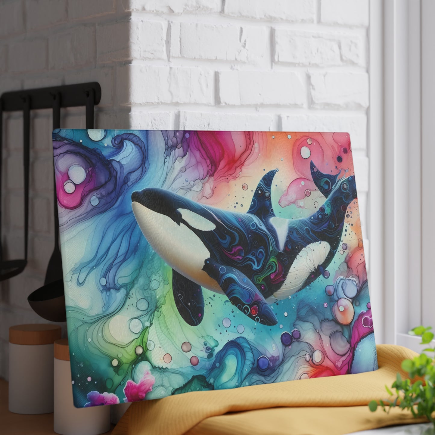Tabla de cortar de vidrio con orca en acuarela: arte oceánico audaz para cocinas artísticas