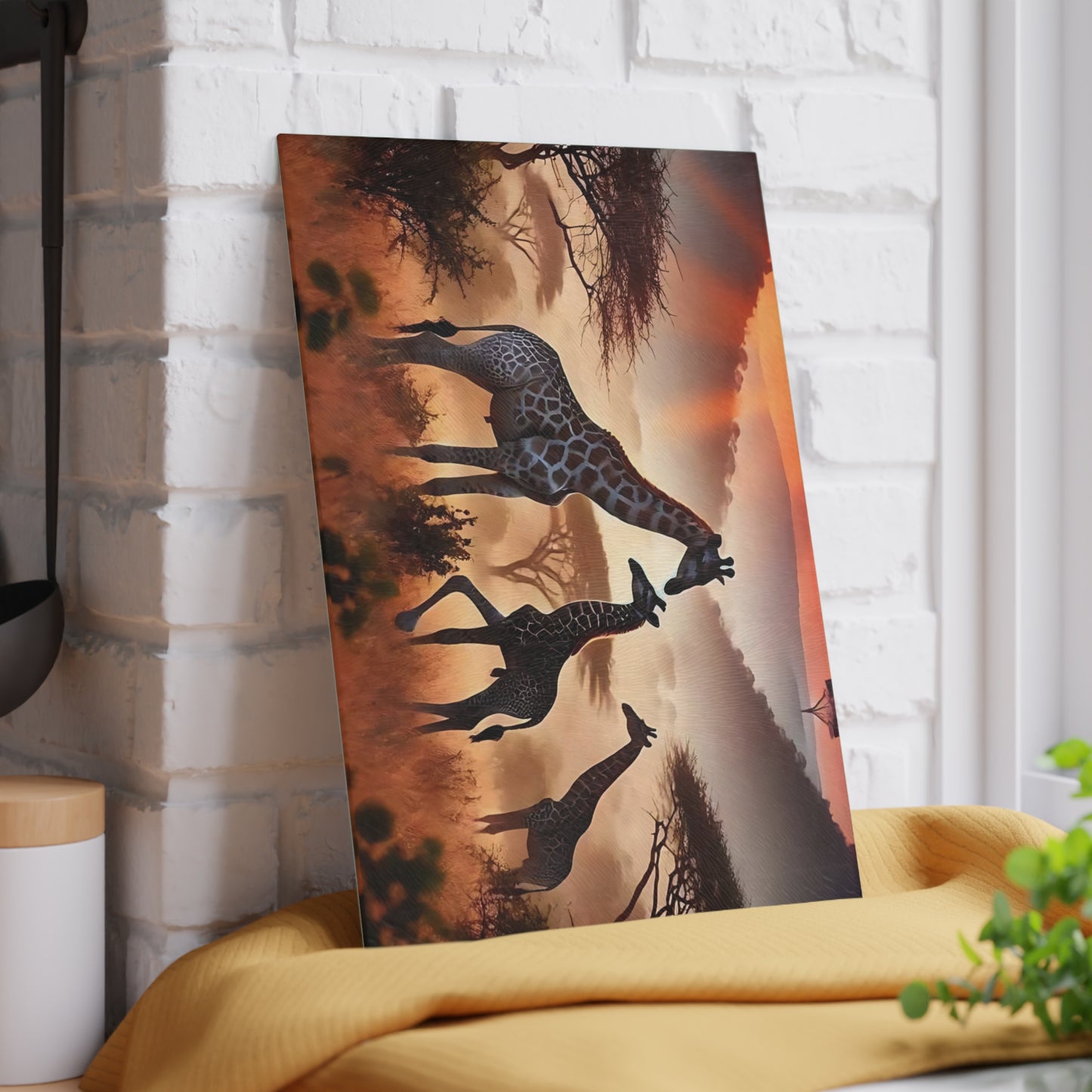 Tabla de cortar de vidrio con diseño de jirafa al atardecer, decoración de cocina, regalo de inauguración de la casa, regalo para amantes de los animales, regalo personalizado de vidrio templado, tabla de charcutería