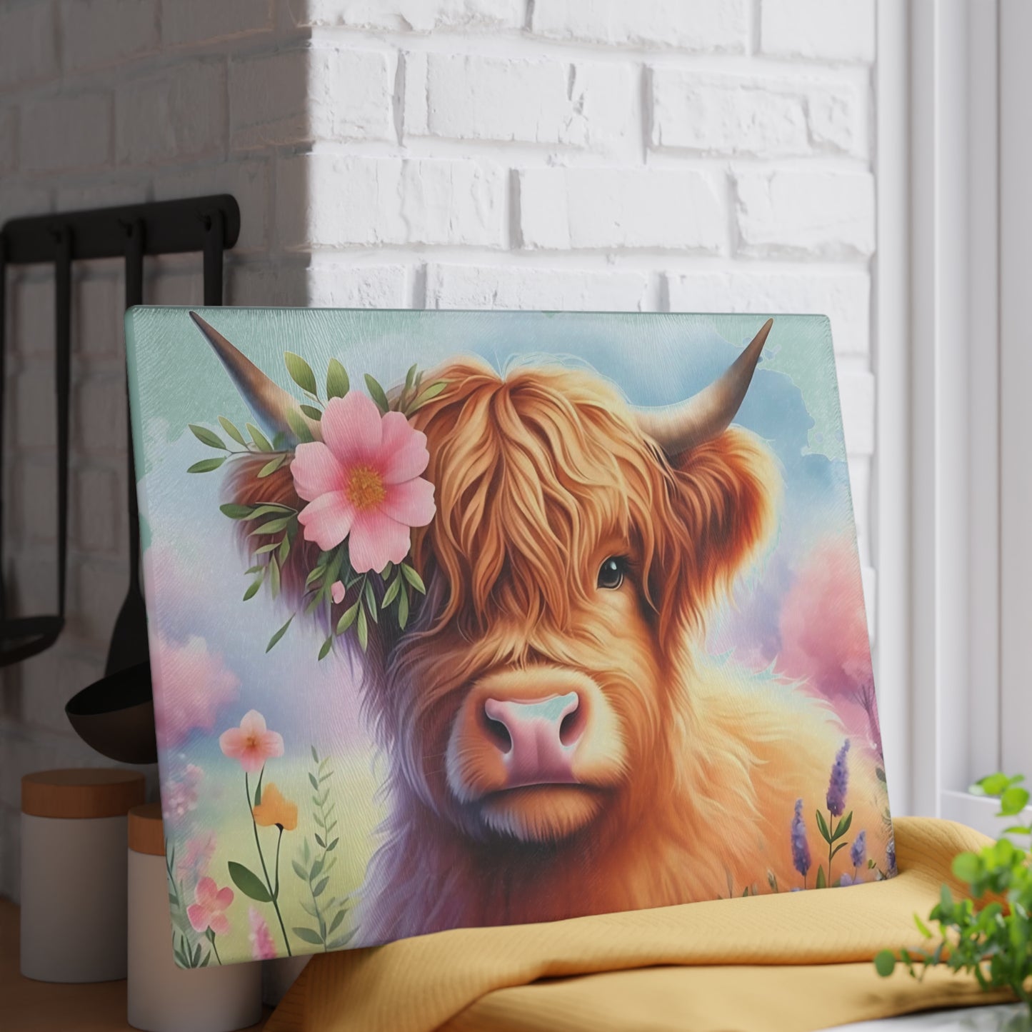 🐮 Highland Cow with Floral Crown – Rustic Farmhouse Glass Cutting Board