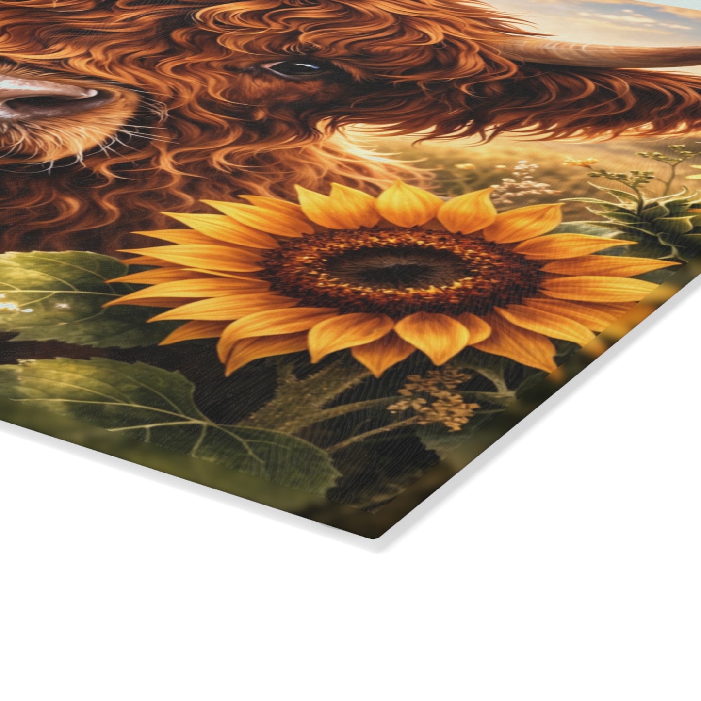 Sunflower Meadow Highland Cow Glass Cutting Board – Warm Farmhouse Floral Art with Country Charm