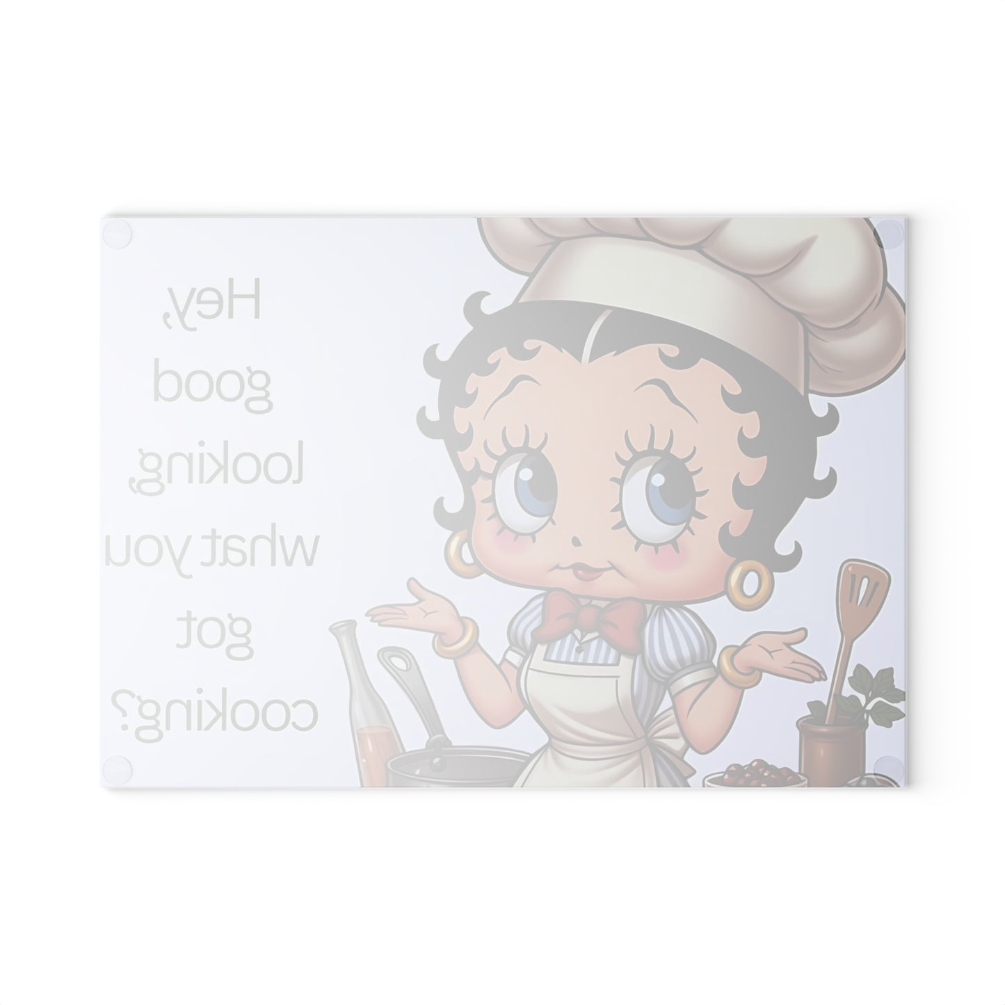 👩🍳 Retro Chef Girl Glass Cutting Board – “Hey Good Looking, What You Got Cooking?”