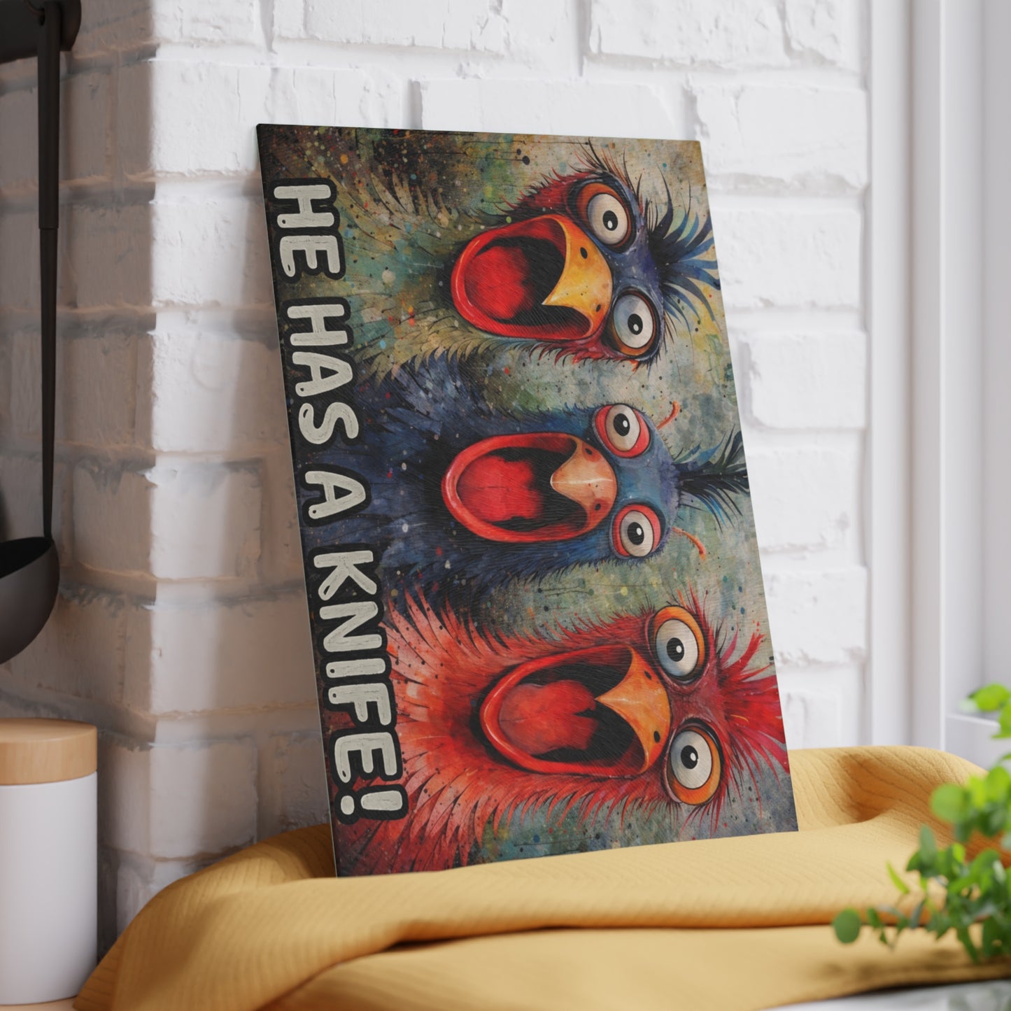 He Has a Knife! Glass Cutting Board – Funny Chicken Farm Kitchen Decor
