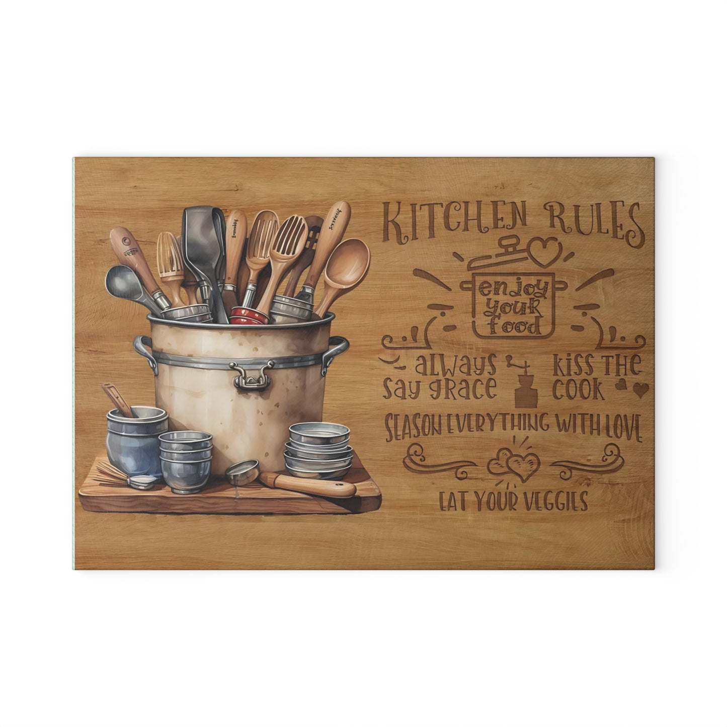 Rustic "Kitchen Rules" Glass Cutting Board – Farmhouse Kitchen Décor