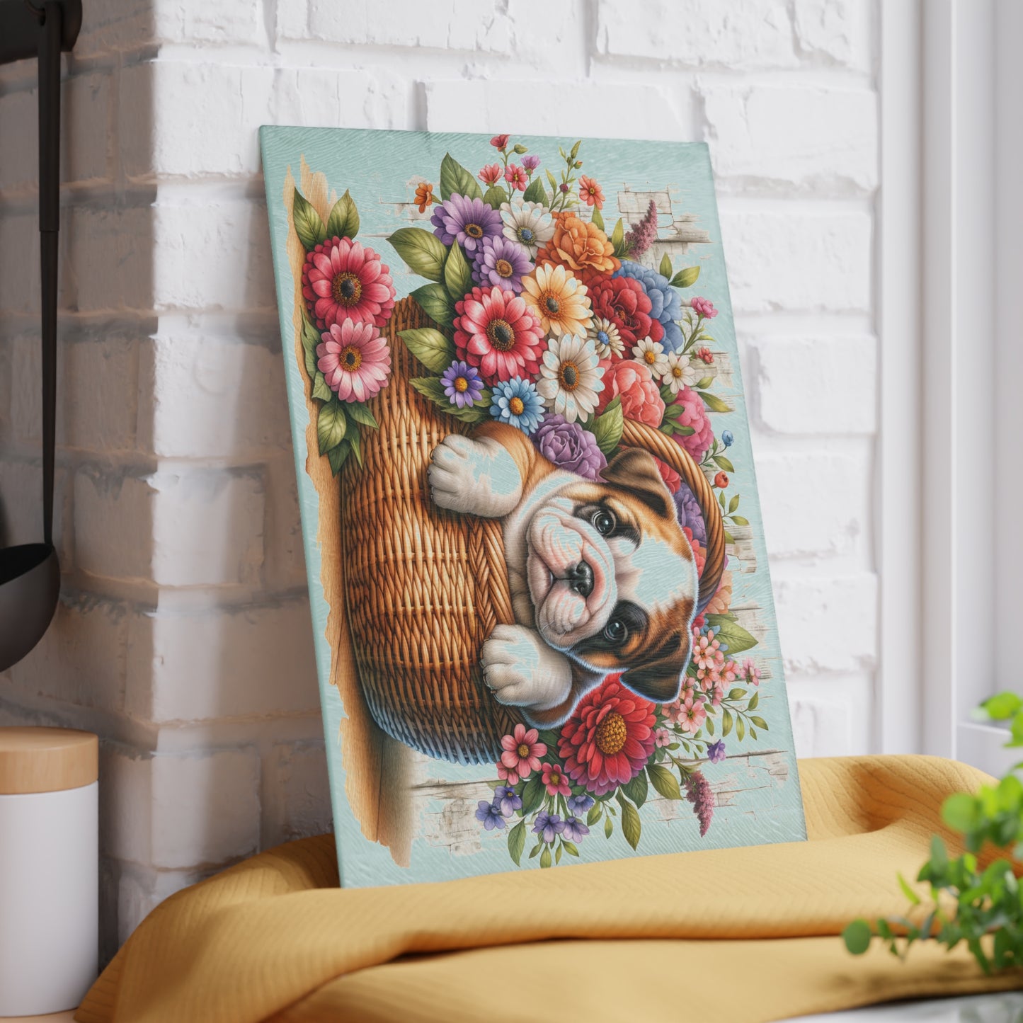 🐾 English Bulldog in Bloom Basket Cutting Board – Rustic Elegance for Your Kitchen 🌺