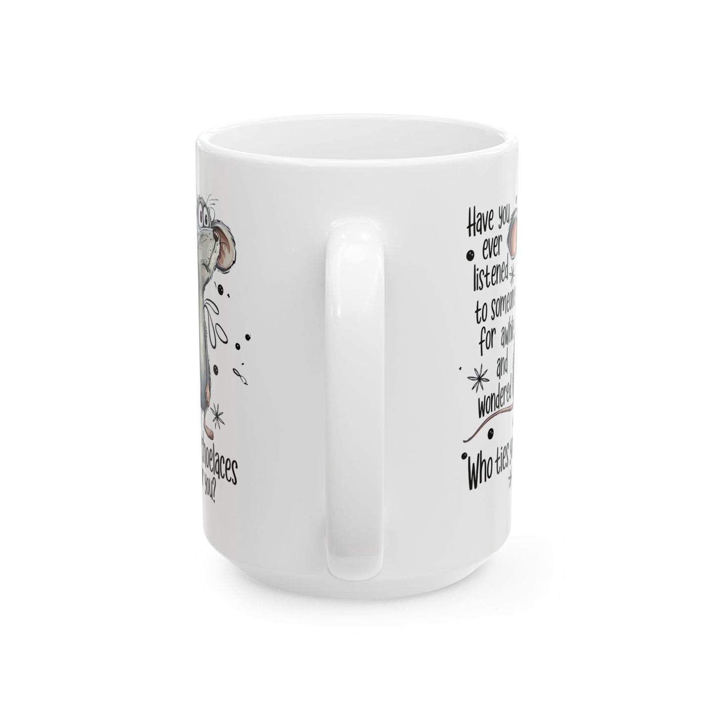 ¿Quién te ata los cordones? – Taza de café con un ratón divertido para amantes de los animales 🧵