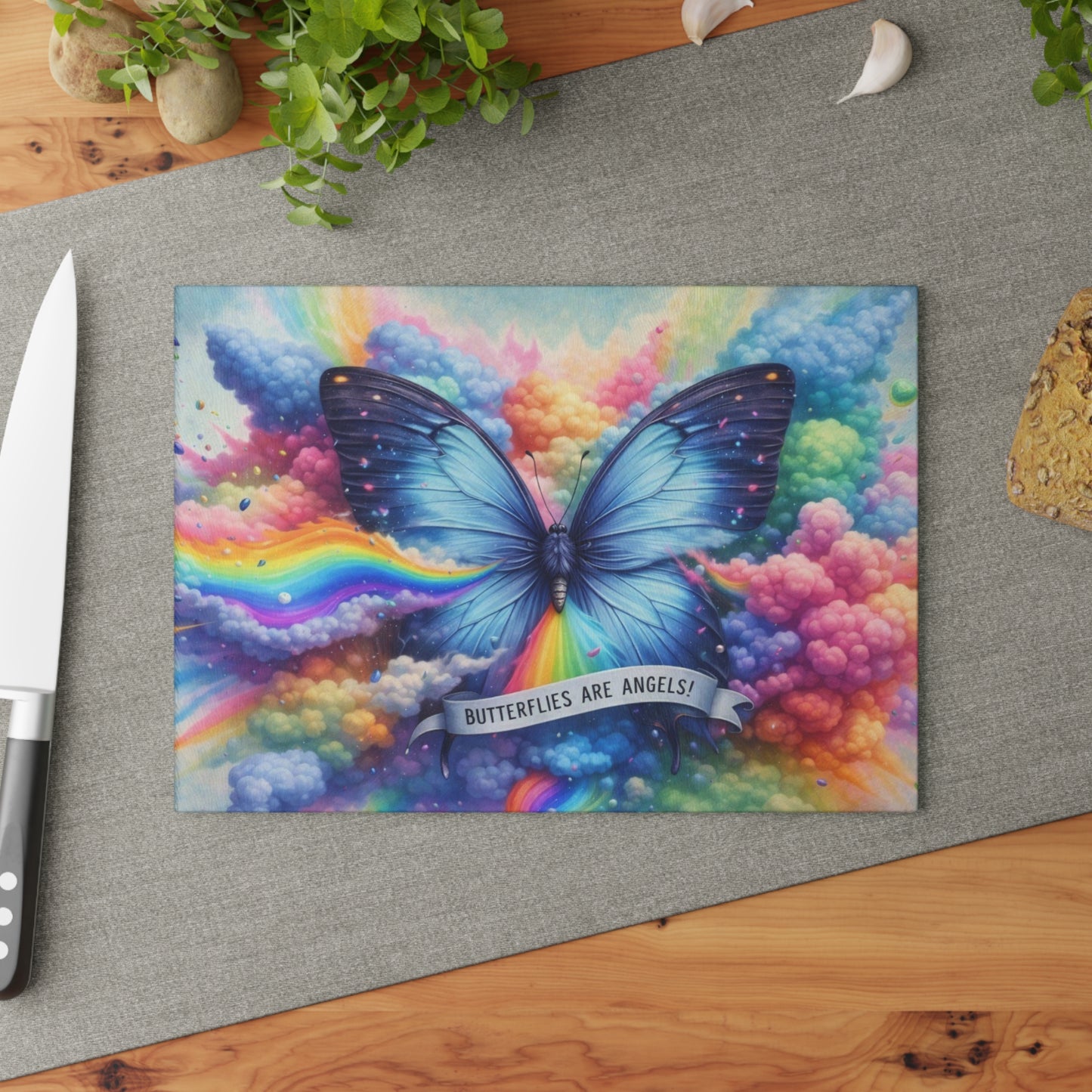Butterflies Are Angels Glass Cutting Board – Rainbow Butterfly Inspirational Kitchen Art