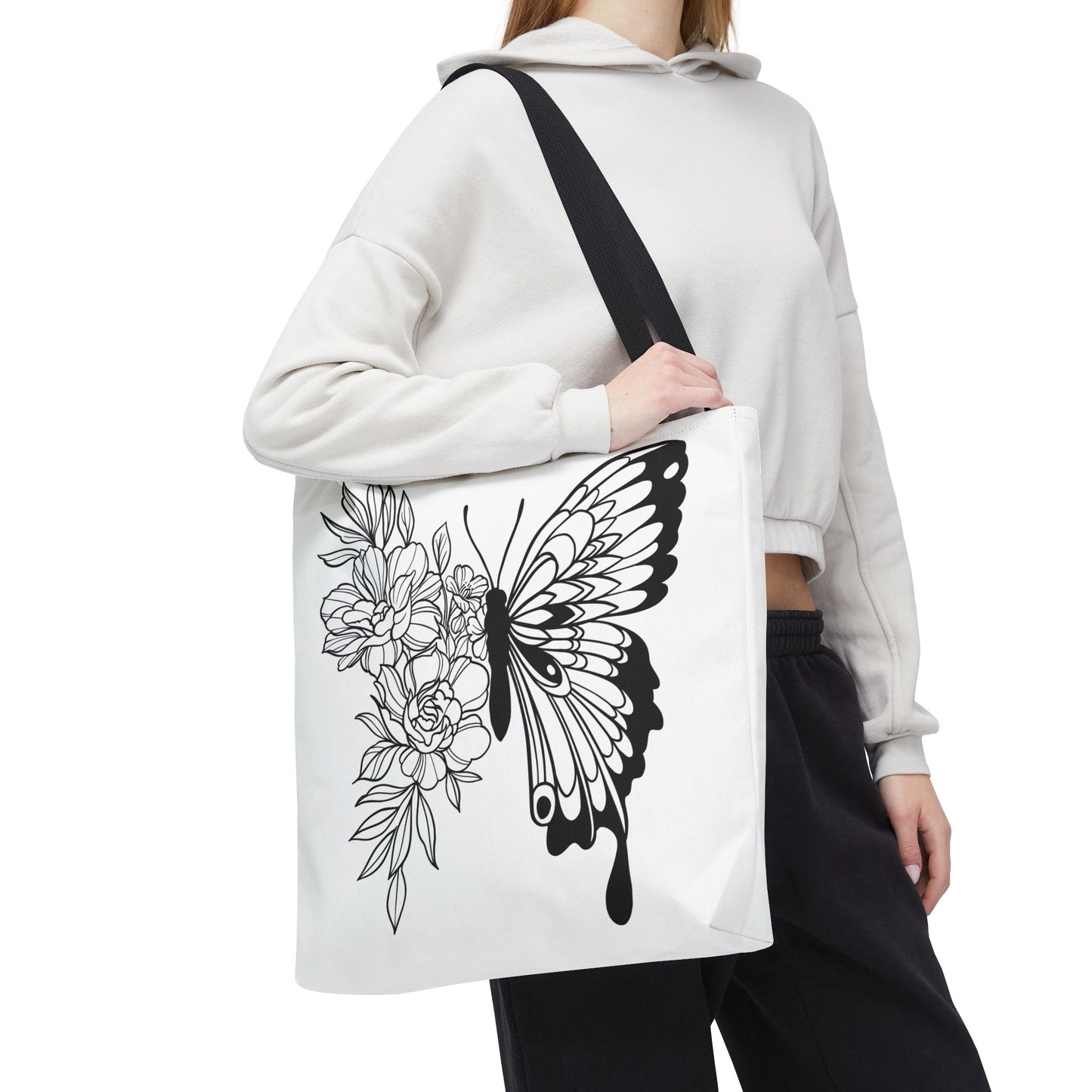 🦋 Black & White Butterfly Floral Tote Bag – Elegant Simplicity in Every Carry 🌸👜