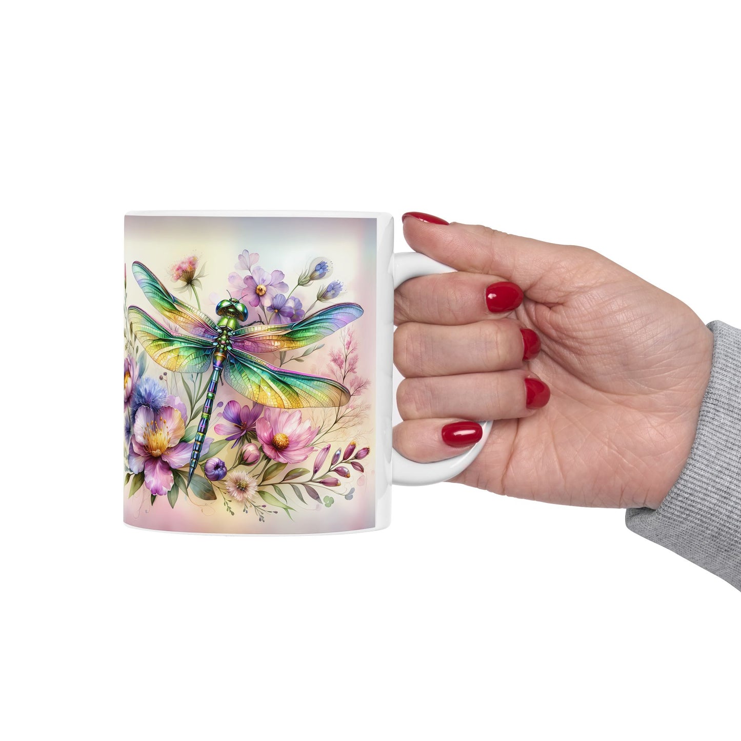 Libélula arcoíris y jardín de flores silvestres: envoltorio floral para tazas para amantes de la naturaleza ☕