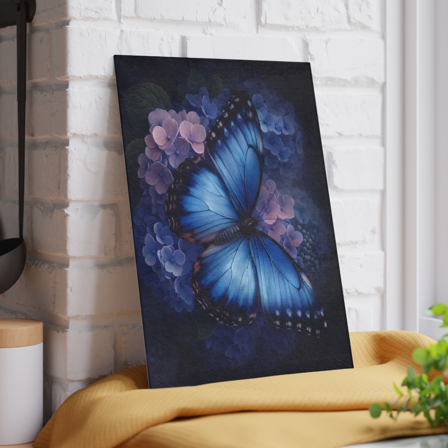 Blue Butterfly & Hydrangea Glass Cutting Board – Elegant Floral Butterfly Kitchen Art