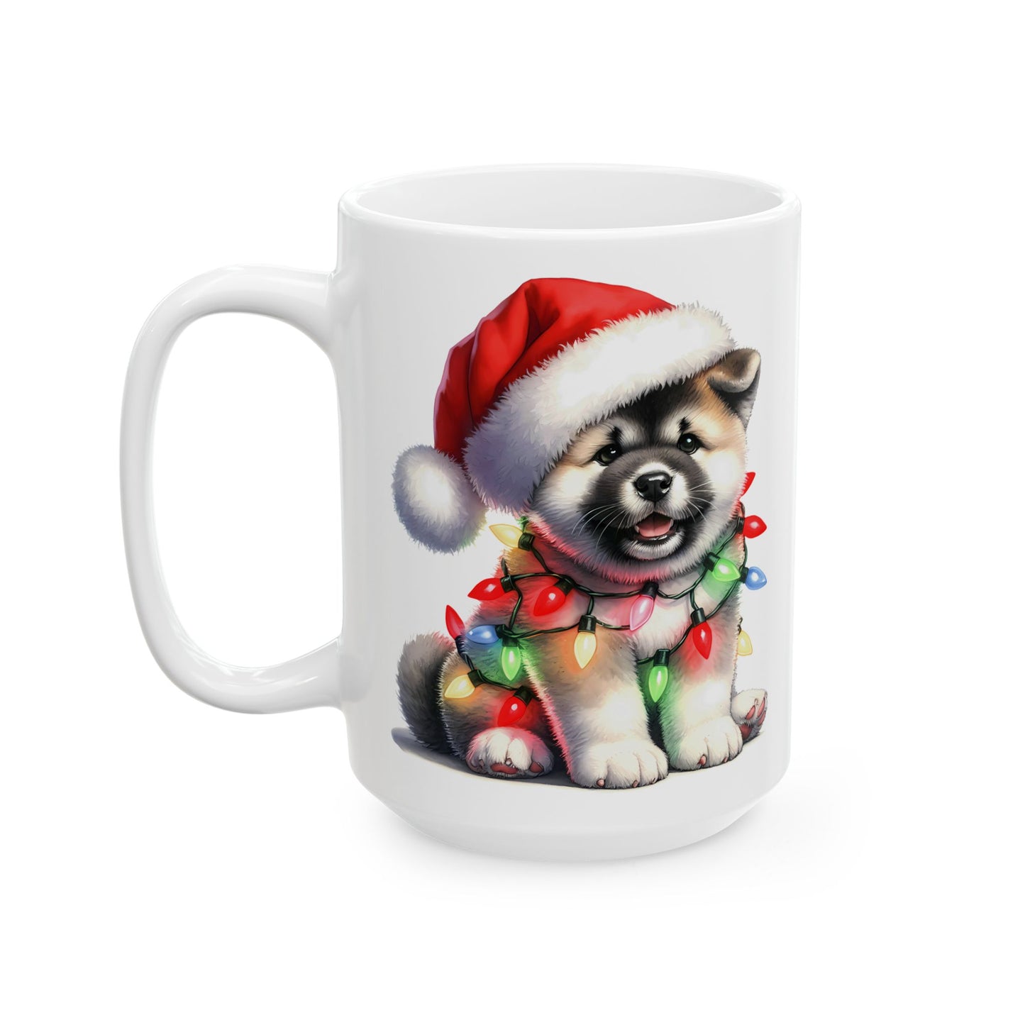 🎅 Akita Christmas Mug – Festive Puppy with Santa Hat & Holiday Lights 🎄