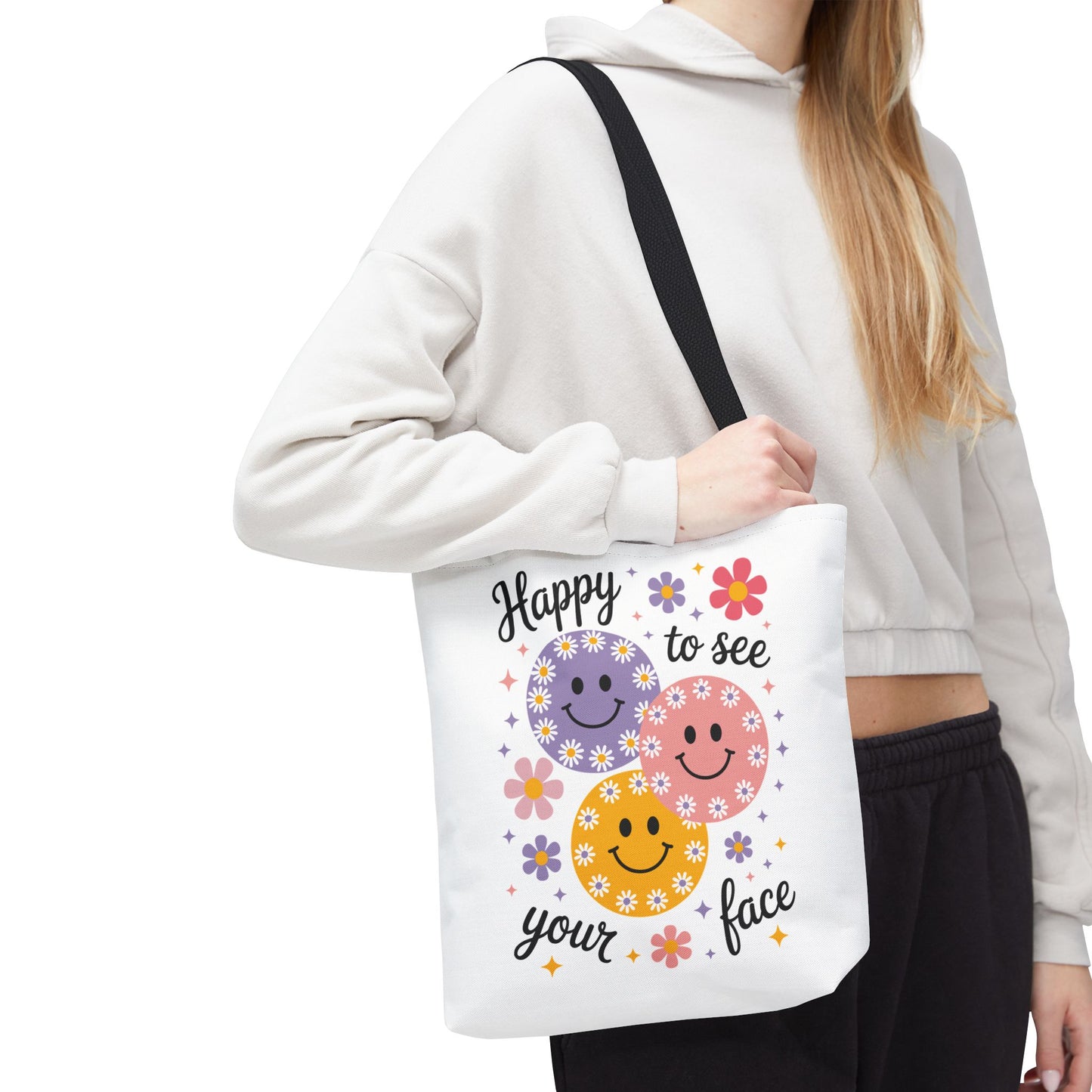 ๐ผ Happy Face Daisy Tote Bag โ Retro Smiles with Floral Charm ๐ธ