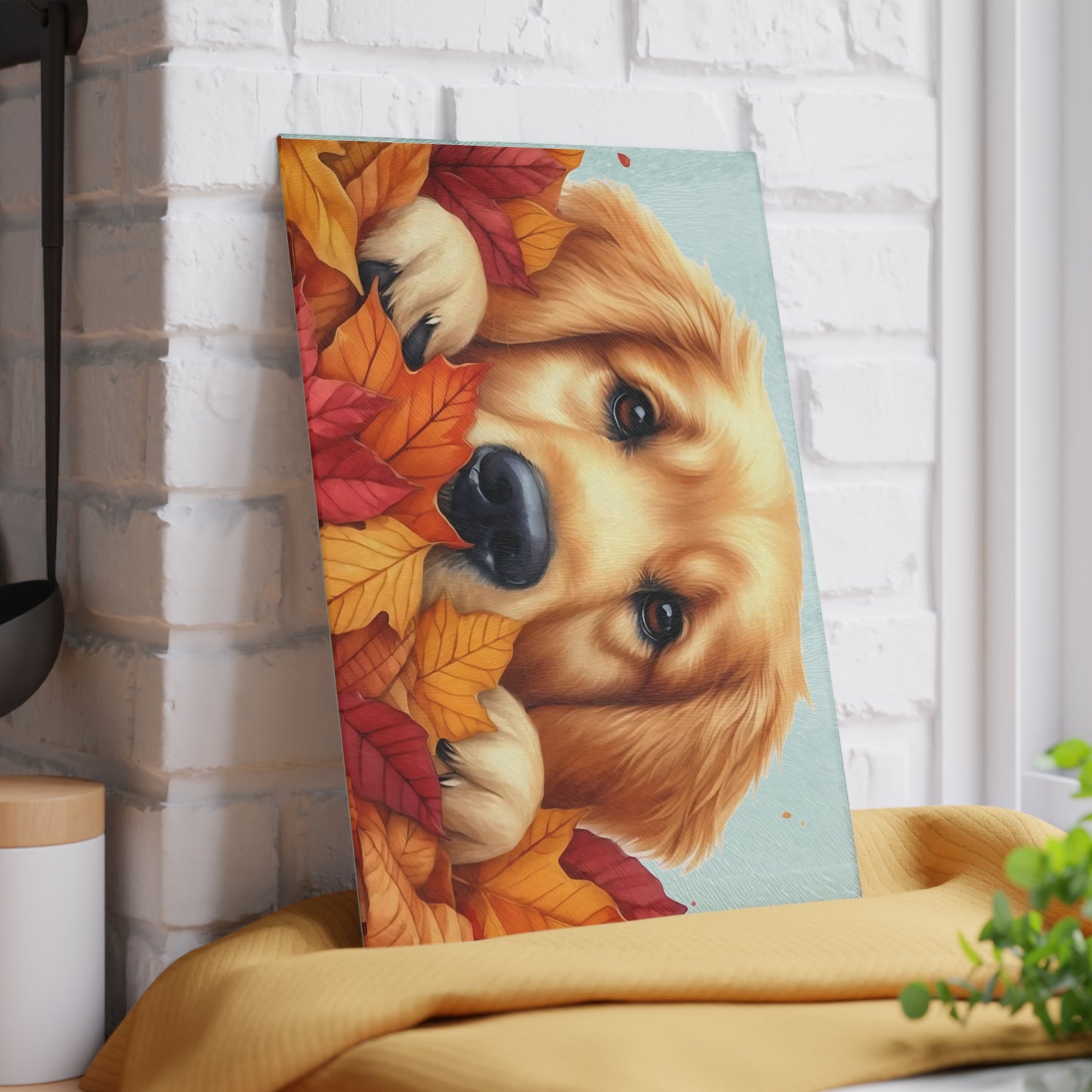 ๐๐พ Golden Retriever Autumn Leaves Cutting Board โ Cozy Fall Kitchen Charm with Puppy Love ๐๐