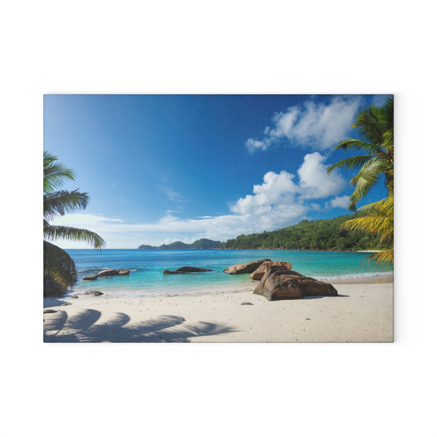 Tabla de cortar de vidrio con diseño de playa y palmeras – Decoración de cocina costera
