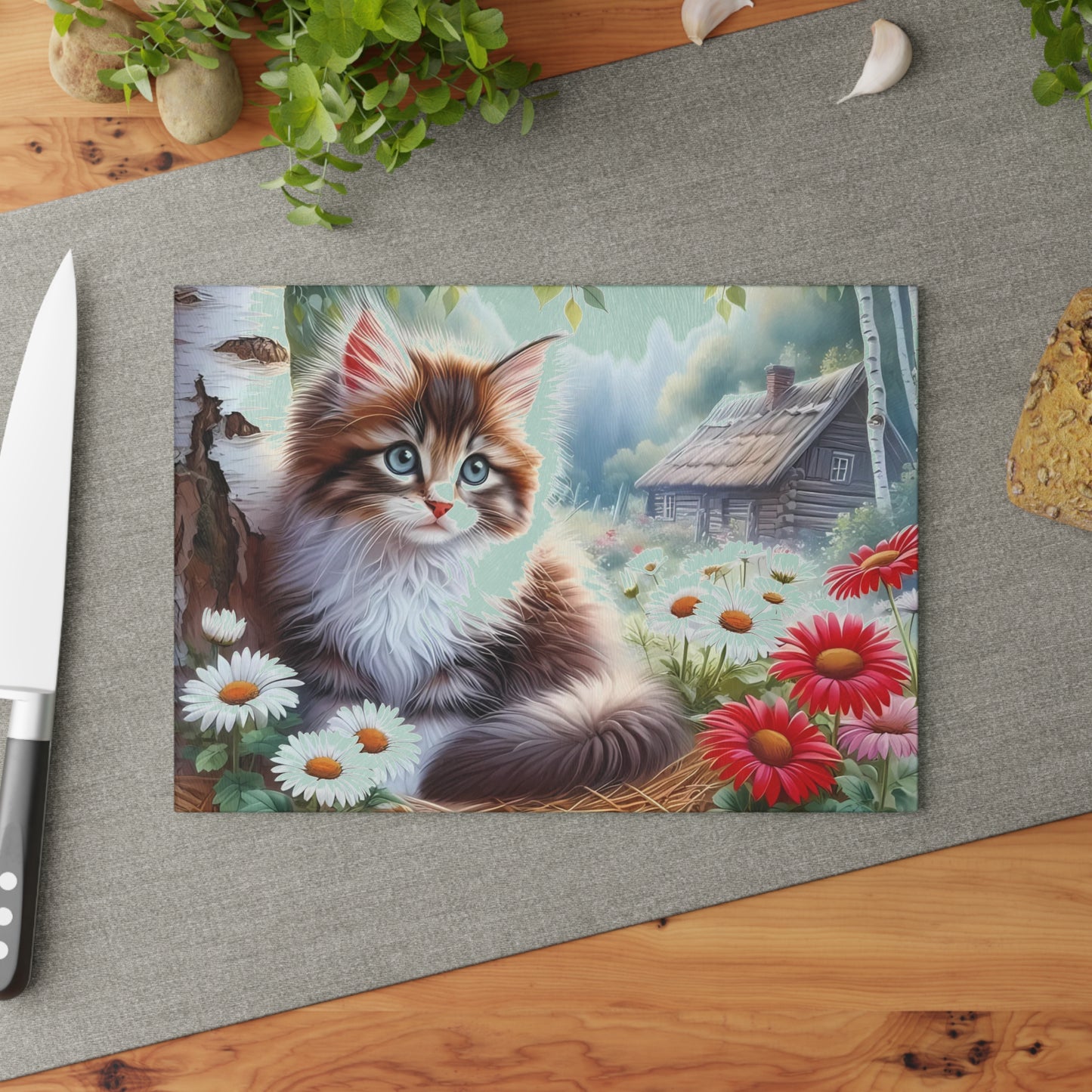 🌼 Cottage Kitten Cutting Board – Whiskered Charm in a Meadow Bloom Scene 🐱🌸